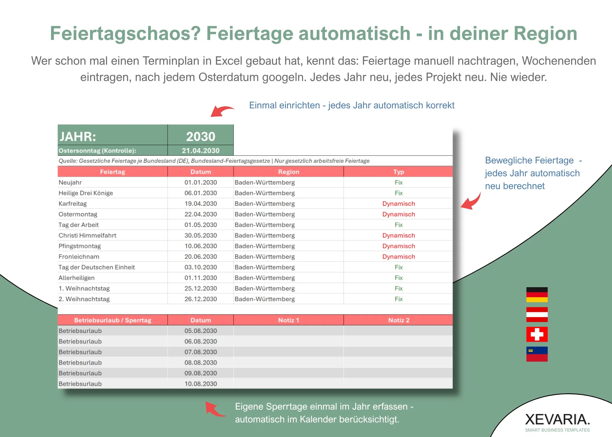 Feiertage Excel Urlaubsplaner – Feiertagstabelle mit Bundesland-Auswahl, fix und dynamisch