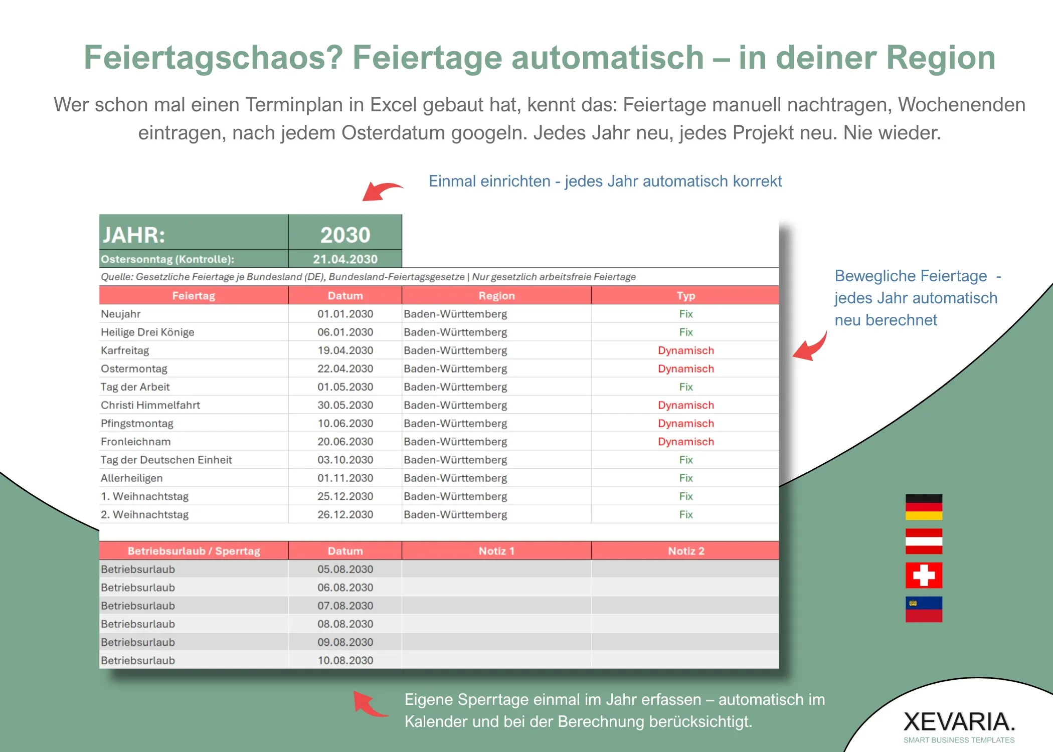 Bauzeitenplan Feiertage Excel – Feiertagstabelle mit Bundesland-Wahl, fix und dynamisch