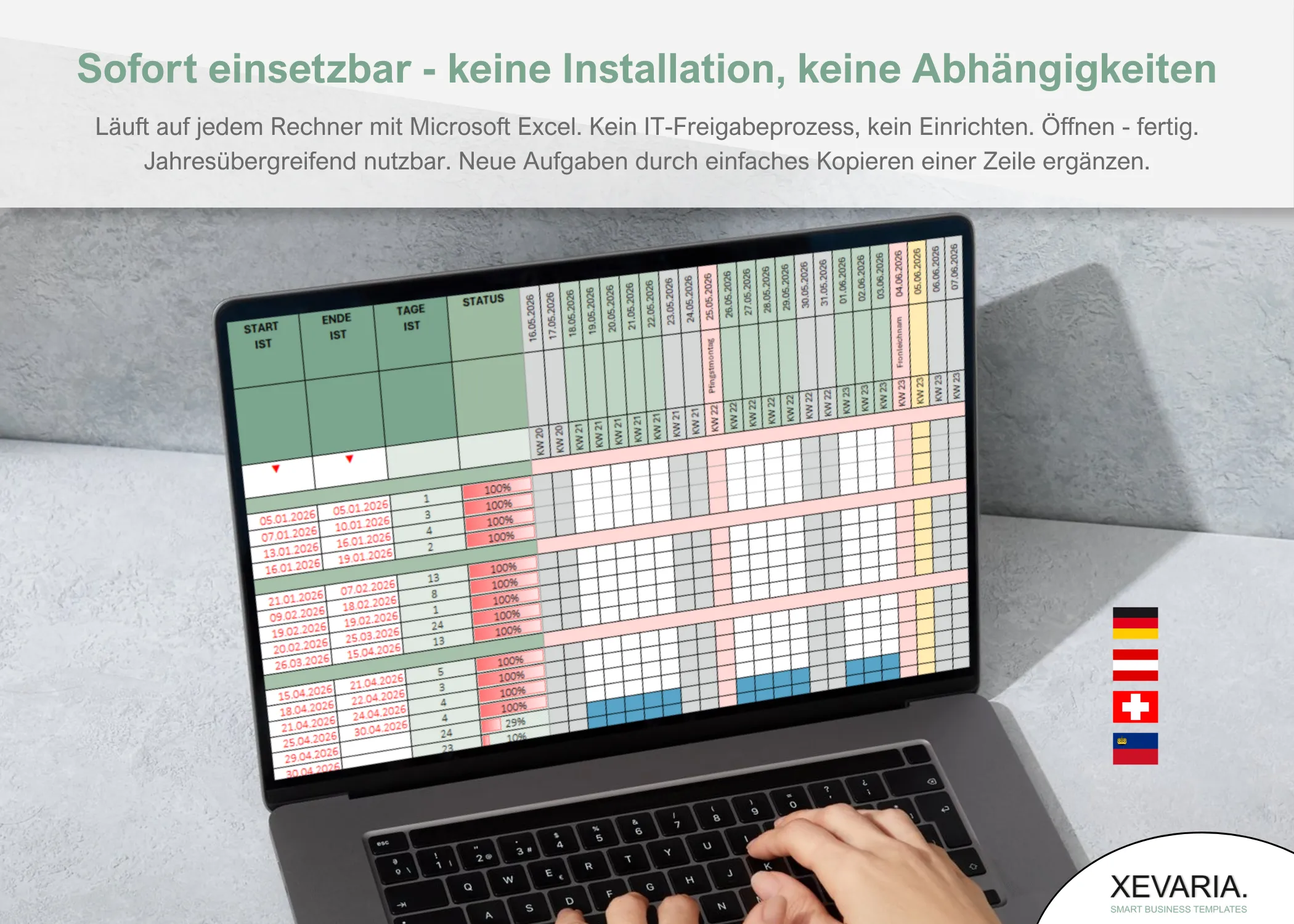 Bauzeitenplan Excel – Laptop mit KW-Einteilung, Gantt-Balken und Feiertagen