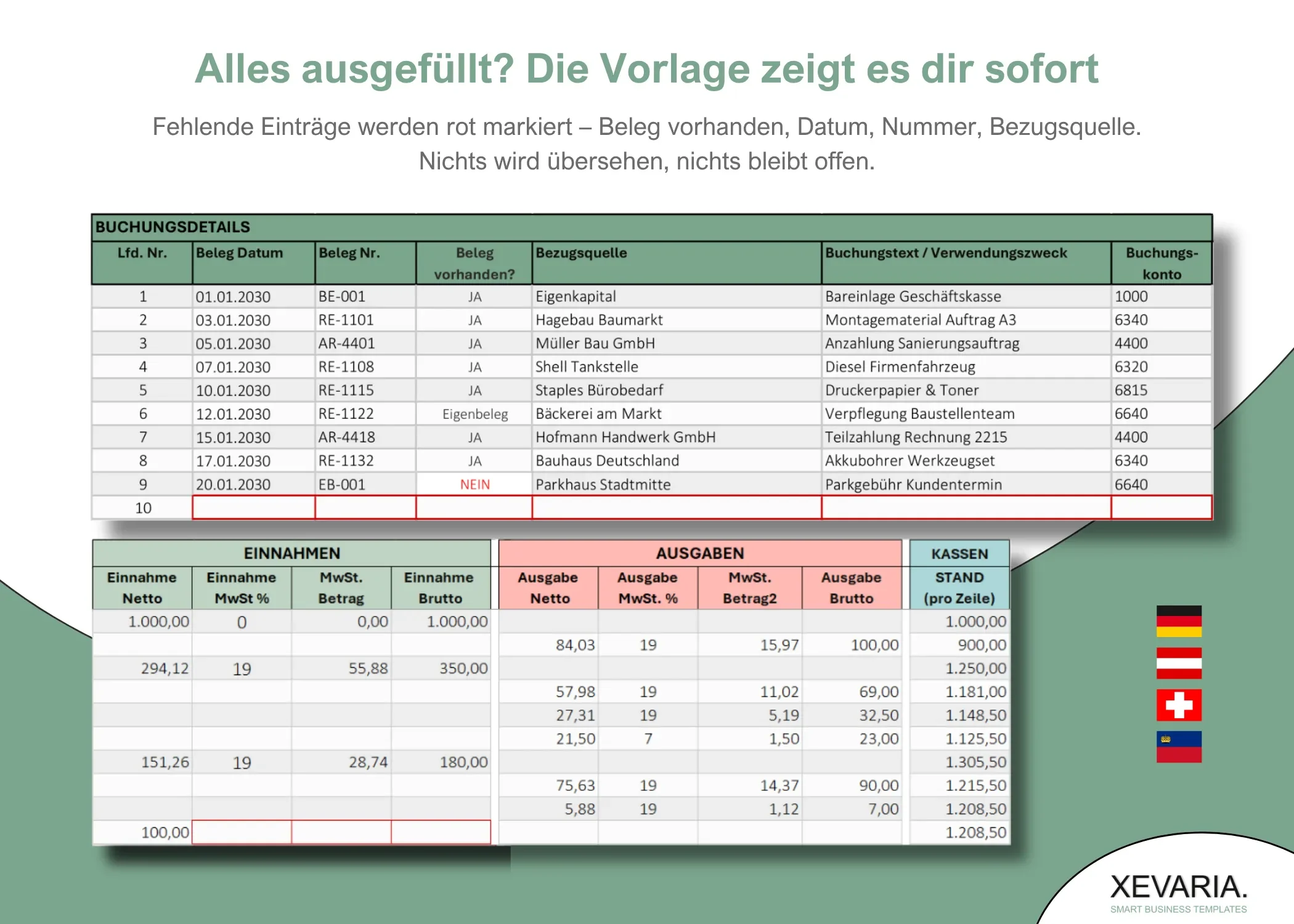 Kassenbuch Excel – fehlende Pflichtfelder rot markiert, Beleg-Spalte JA/NEIN
