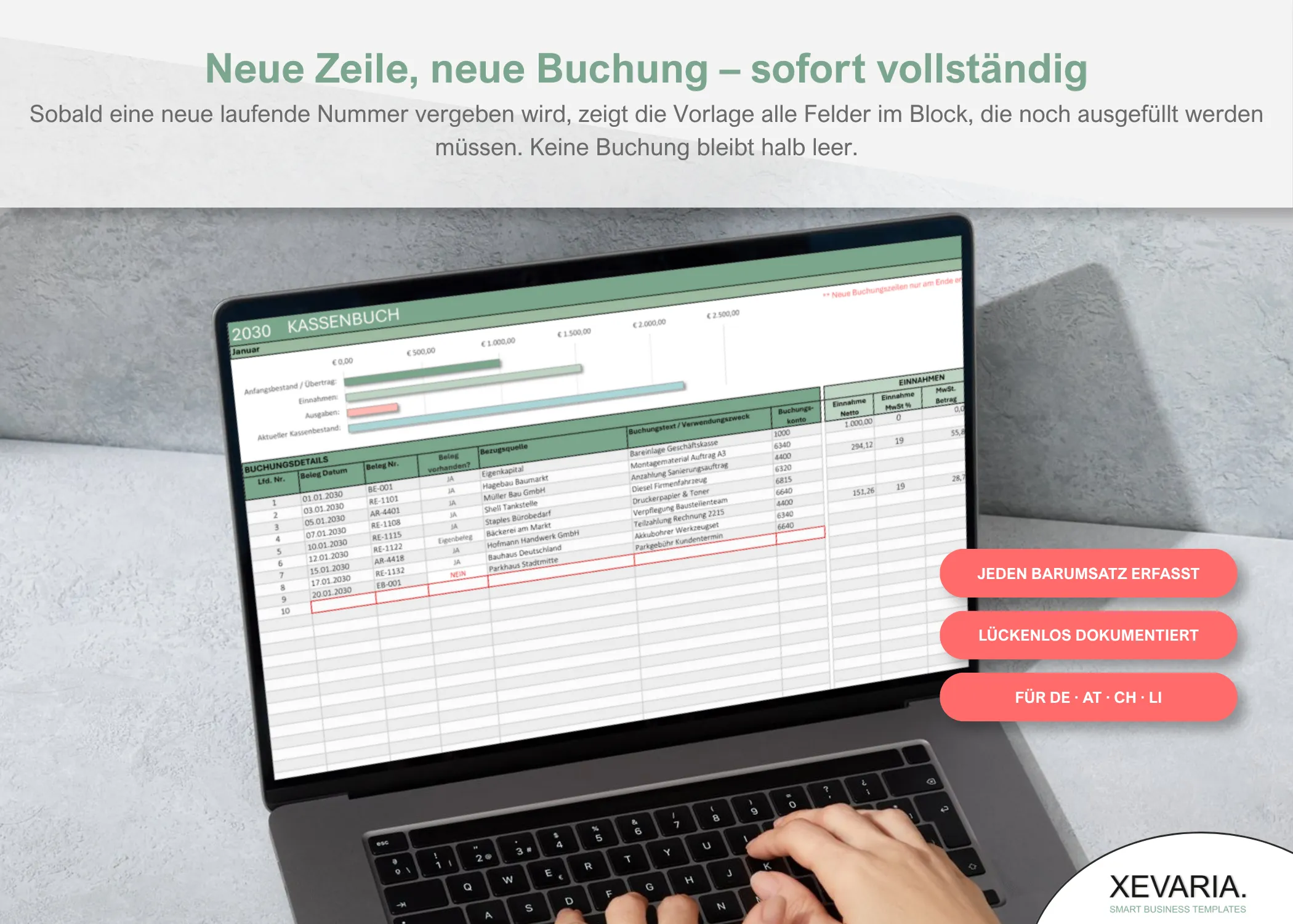 Kassenbuch Excel – Laptop mit Buchungsdetails, Einnahmen, Ausgaben und Kassenstand