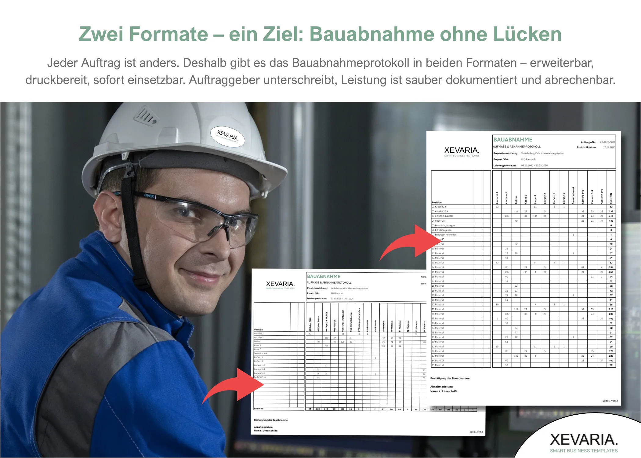 Bauabnahmeprotokoll Excel – Hochformat und Querformat nebeneinander, beide druckbereit