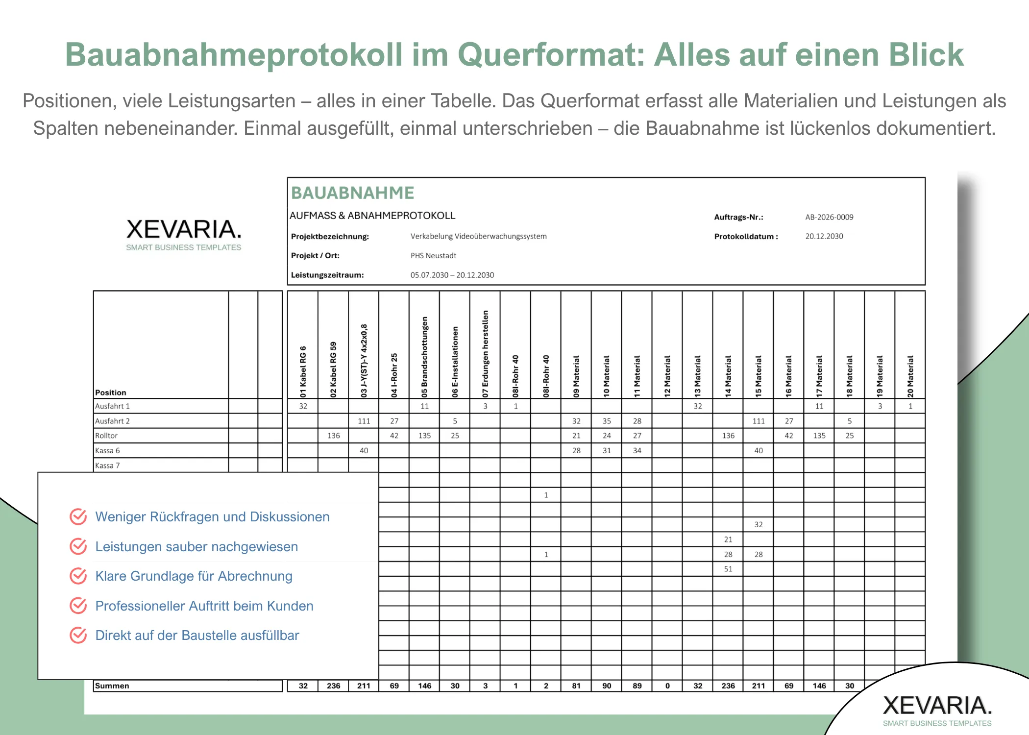 Aufmassprotokoll Excel Querformat – Spalten erweiterbar mit automatischen Summen