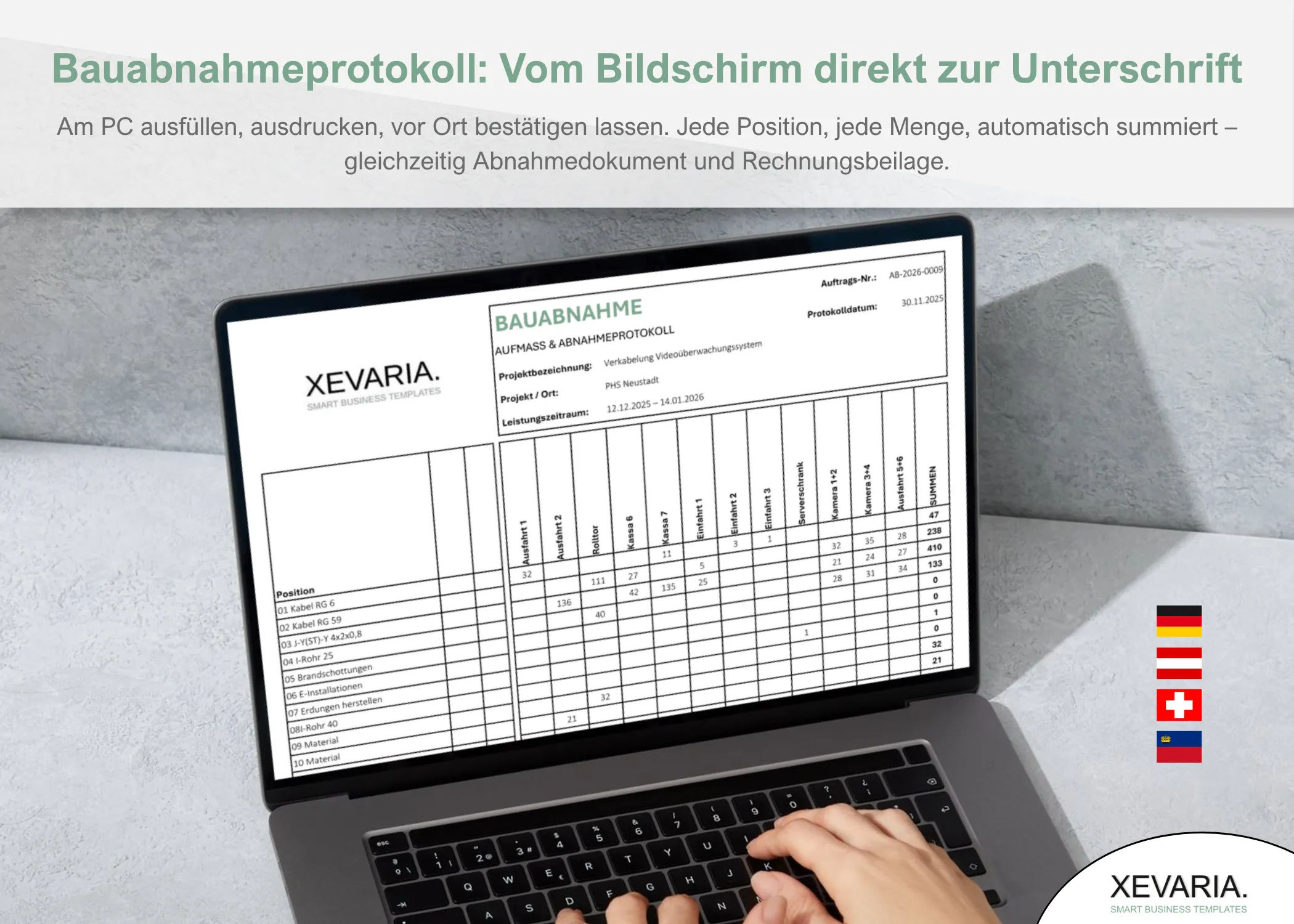 Bauabnahmeprotokoll Excel – Laptop mit Aufmasstabelle und Unterschriftsfeld