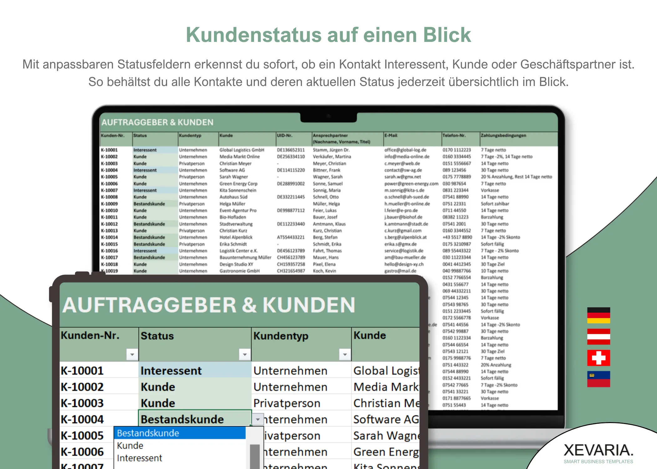 Kundenliste Excel – Status-Dropdown mit Interessent, Kunde, Bestandskunde und Kontaktdaten