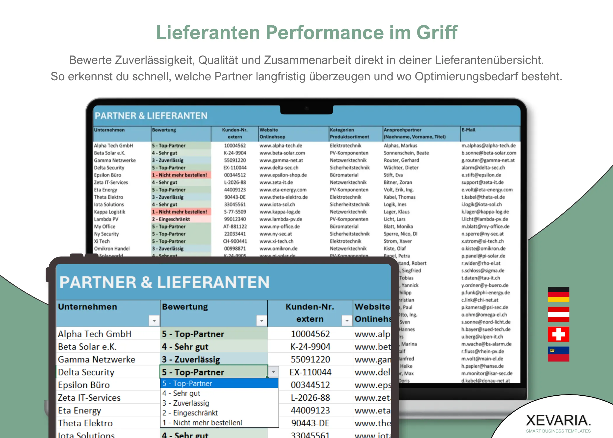 Lieferantenliste Excel – Bewertung 1 bis 5 mit Kategorien und Ansprechpartnern