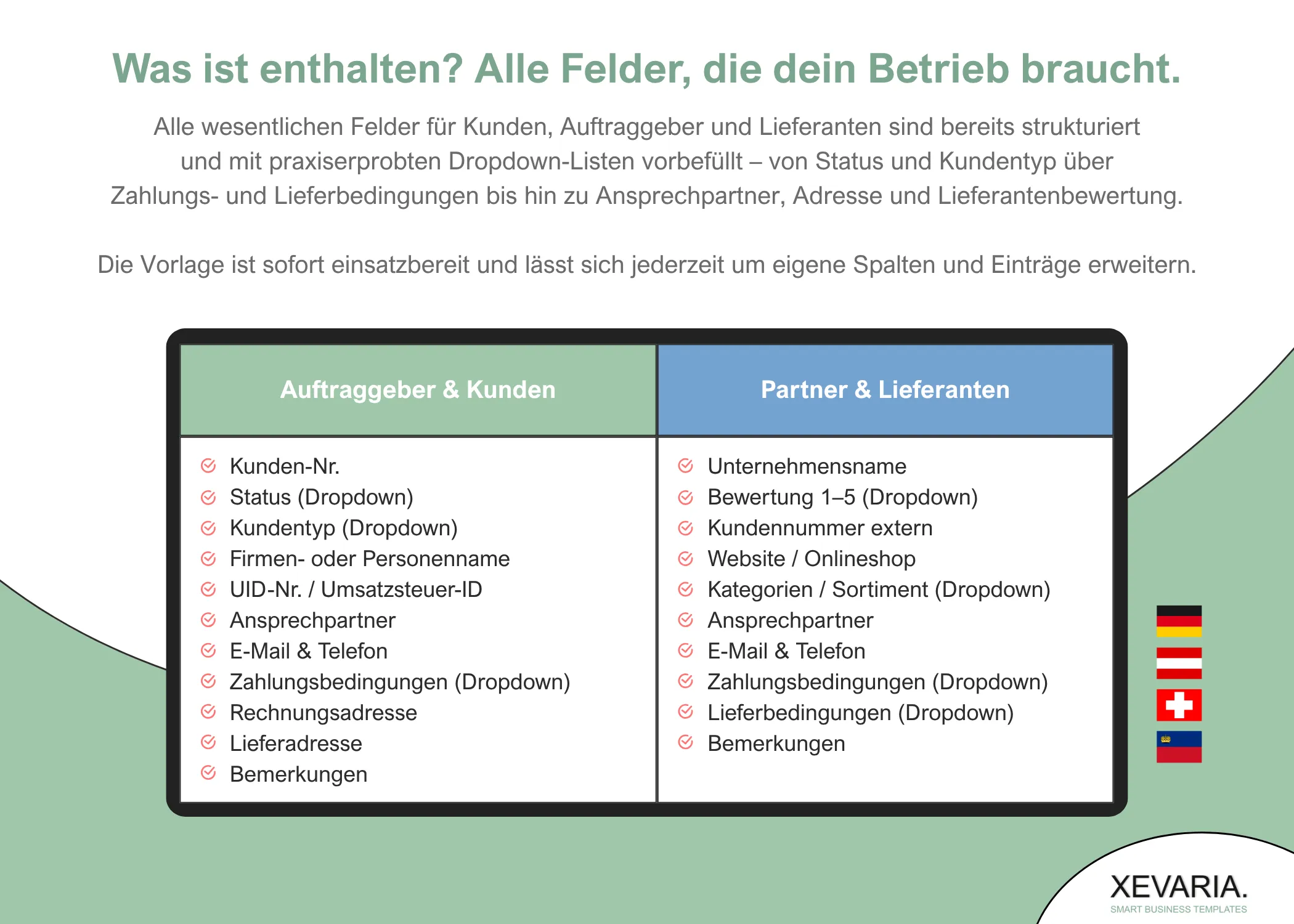 Kunden- und Lieferantenverwaltung Excel – Tabellenansicht mit allen Feldern