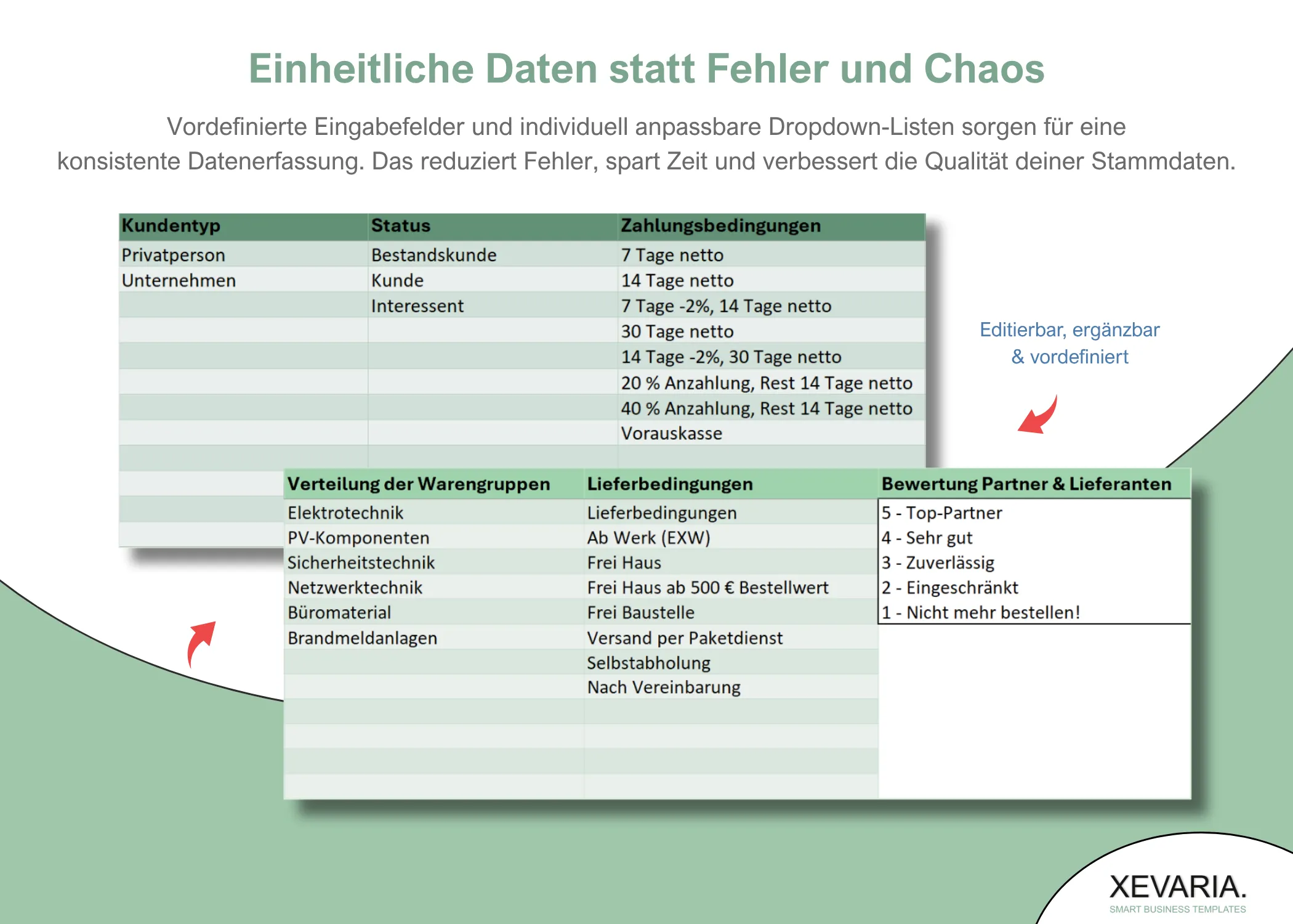Kundenverwaltung Excel – Dropdown-Listen für Kundentyp, Status und Zahlungsbedingungen