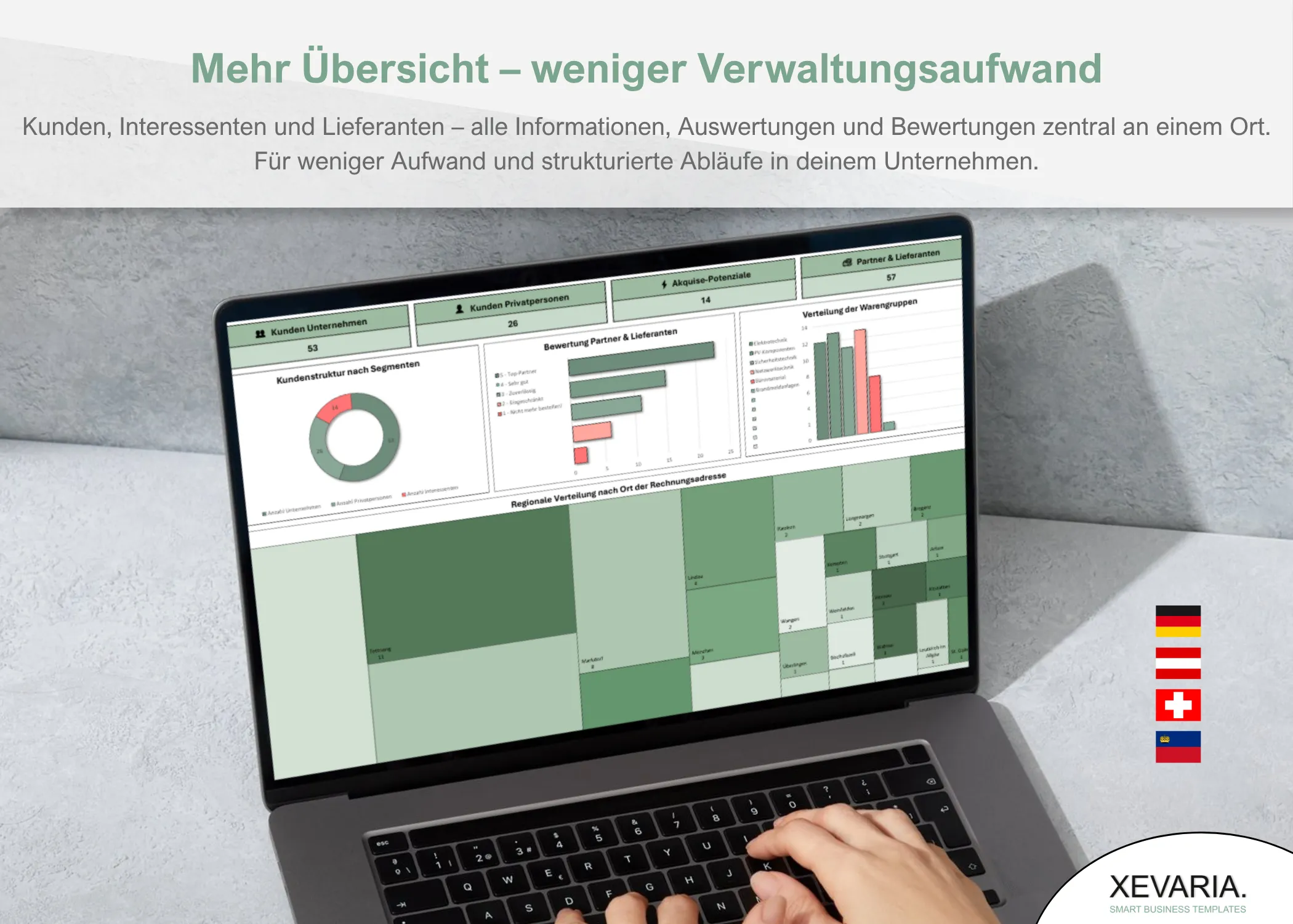 Kundenverwaltung Excel – Laptop mit Dashboard und regionaler Kundenverteilung