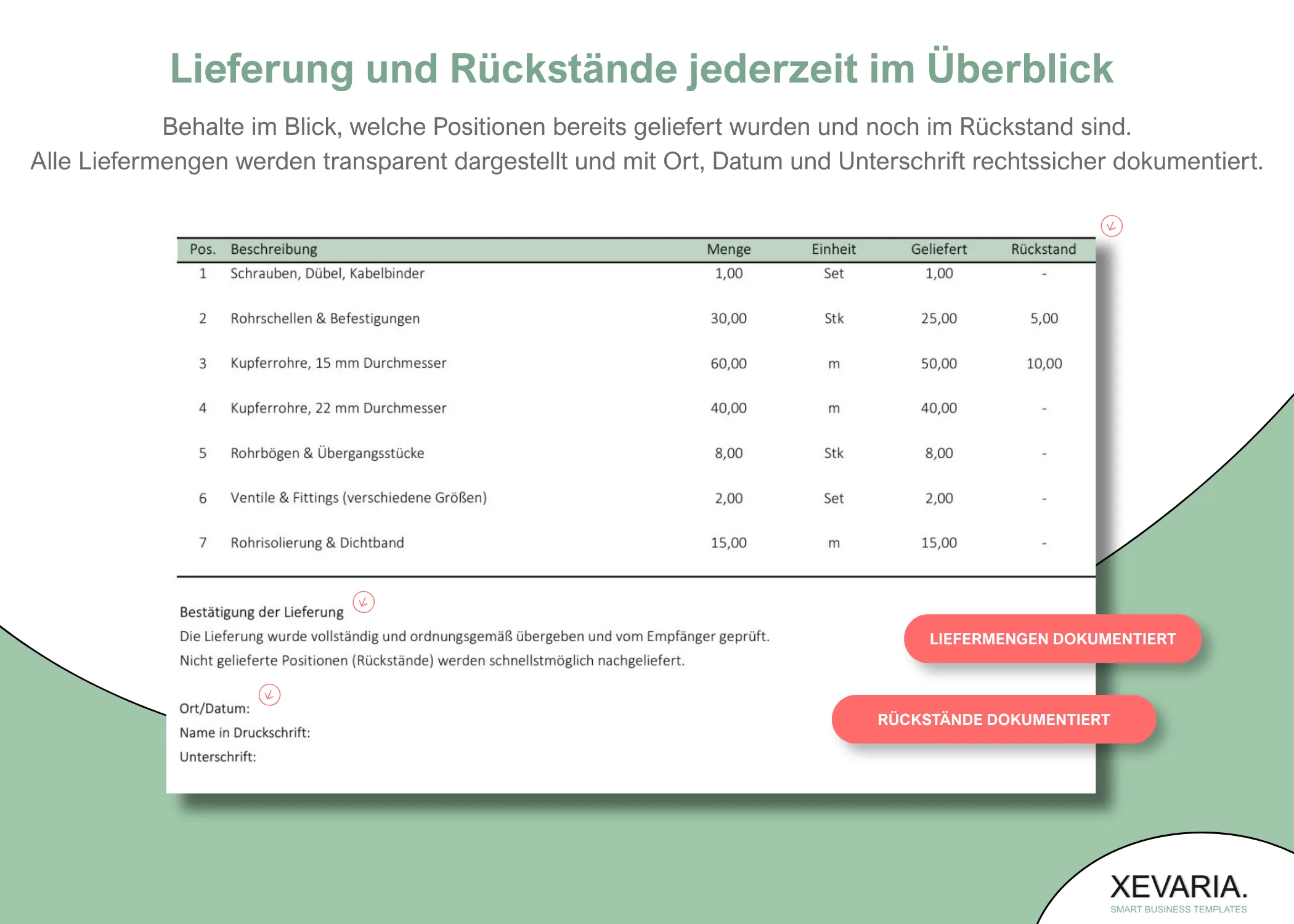 Lieferschein Excel – Spalten Geliefert und Rückstand mit Empfangsbestätigung