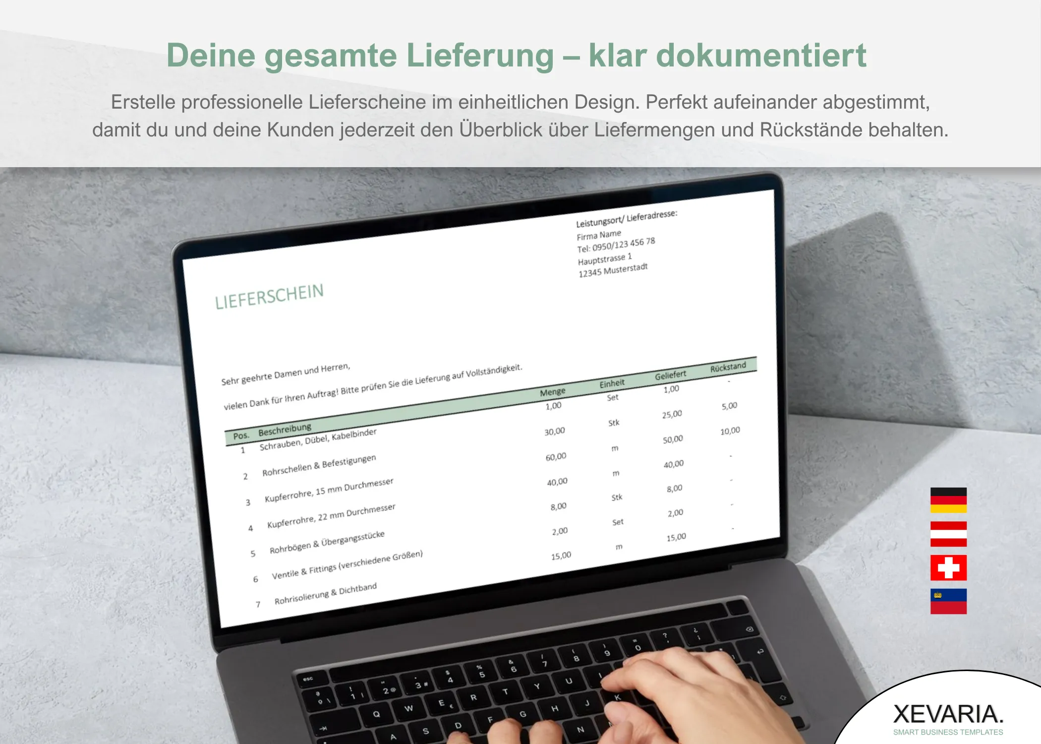 Lieferschein Excel – Laptop mit Positionen, Liefermengen und Rückständen