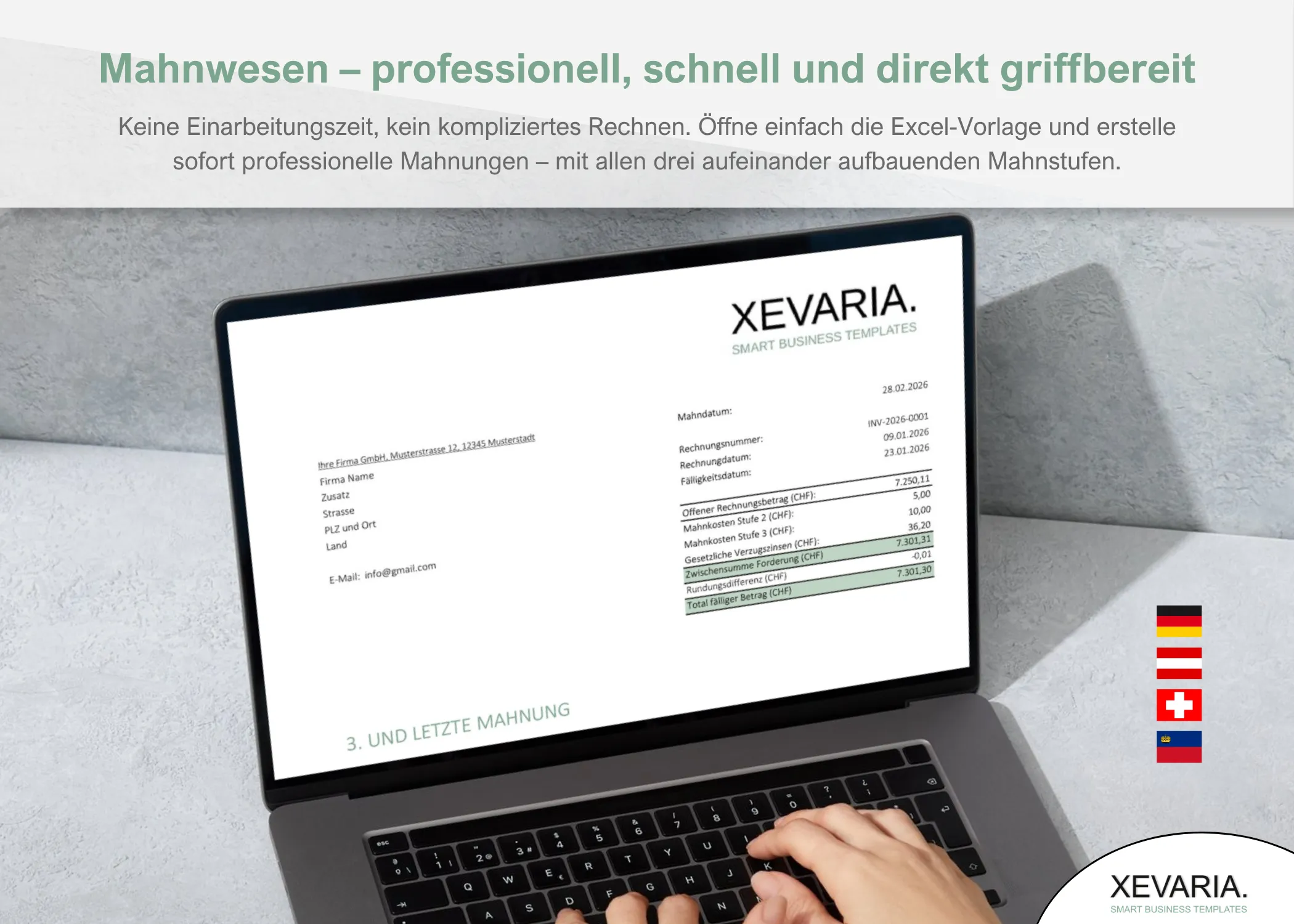 Mahnung Excel Schweiz – Laptop mit 3. Mahnung, Verzugszinsen und Rappenrundung