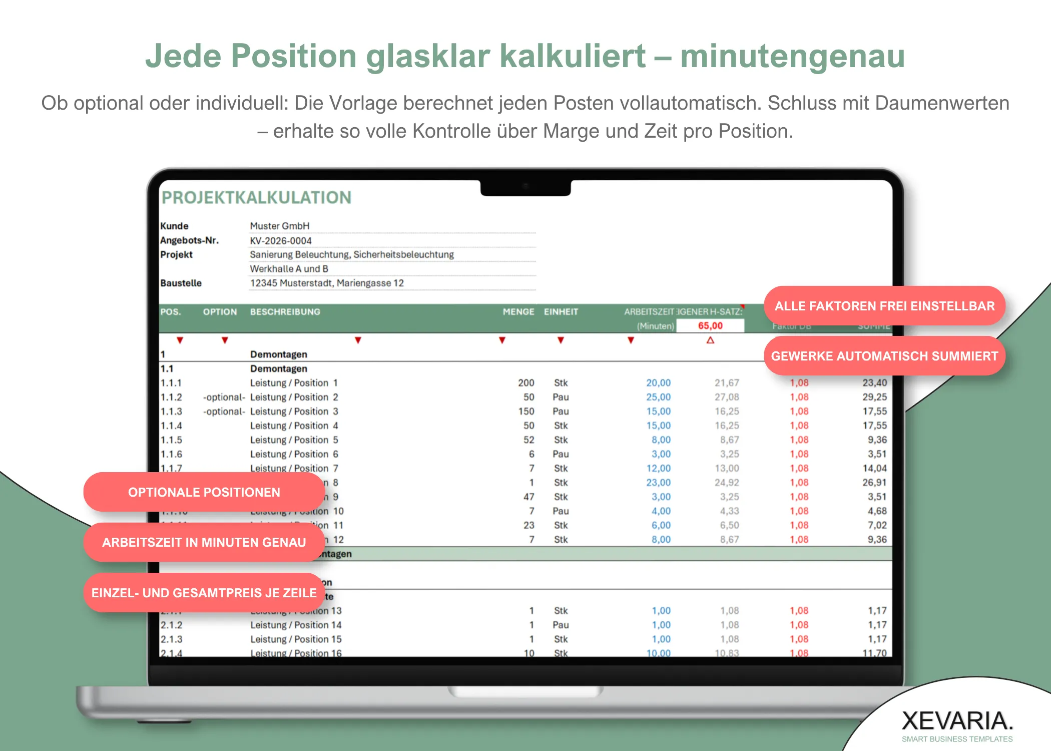 Projektkalkulation Excel – optionale Positionen und minutengenaue Arbeitszeit