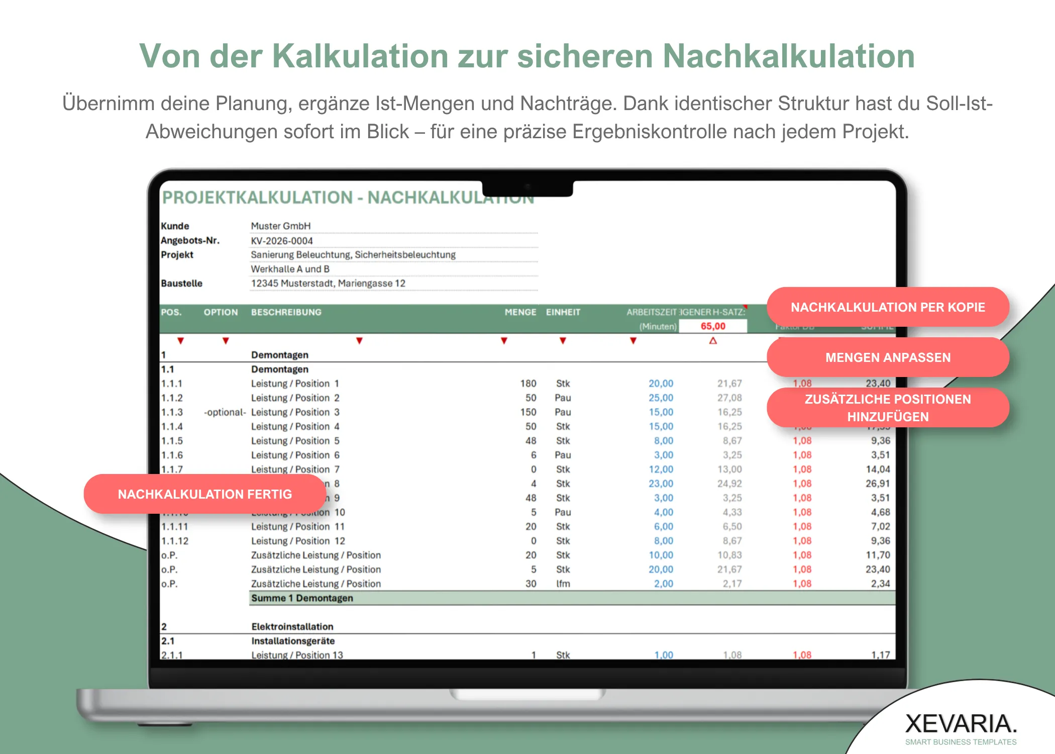 Nachkalkulation Excel – Soll-Ist-Vergleich mit Ist-Mengen und Abweichung