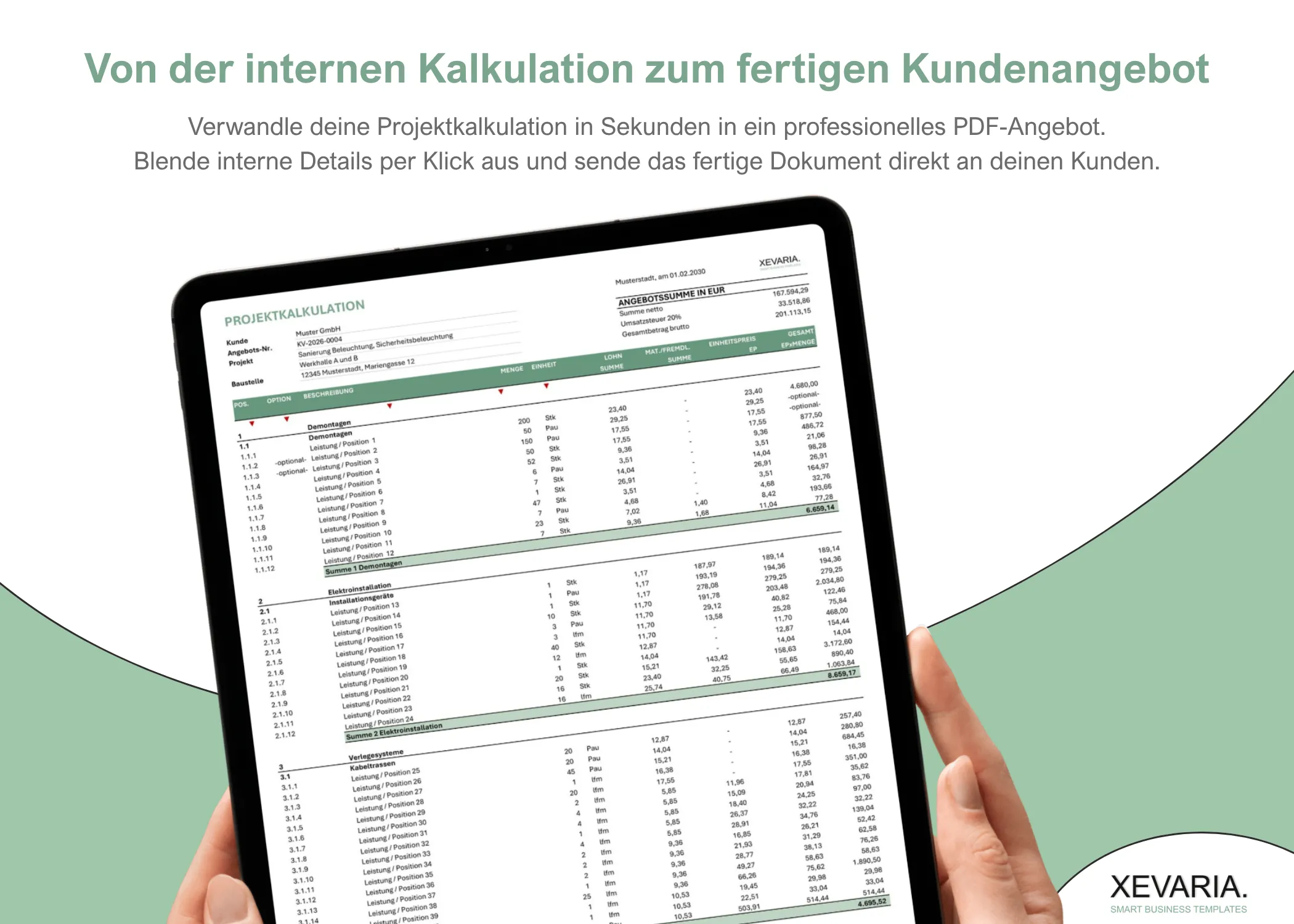Projektkalkulation Excel – Kundenangebot mit Netto- und Bruttosumme aus der Kalkulation