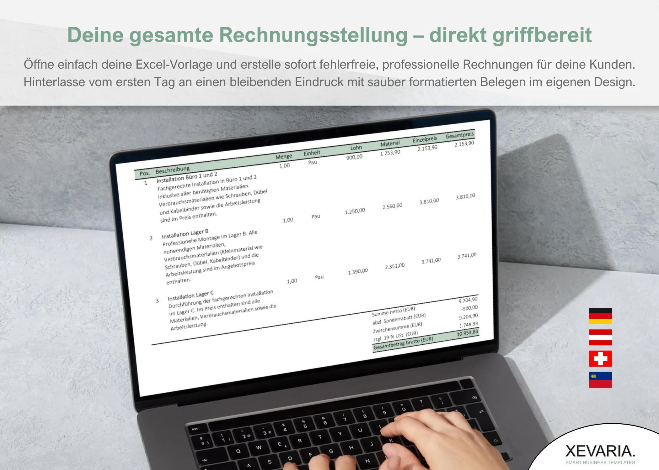 Rechnungsvorlage Excel – Laptop mit Positionen, Sonderrabatt und MwSt-Berechnung