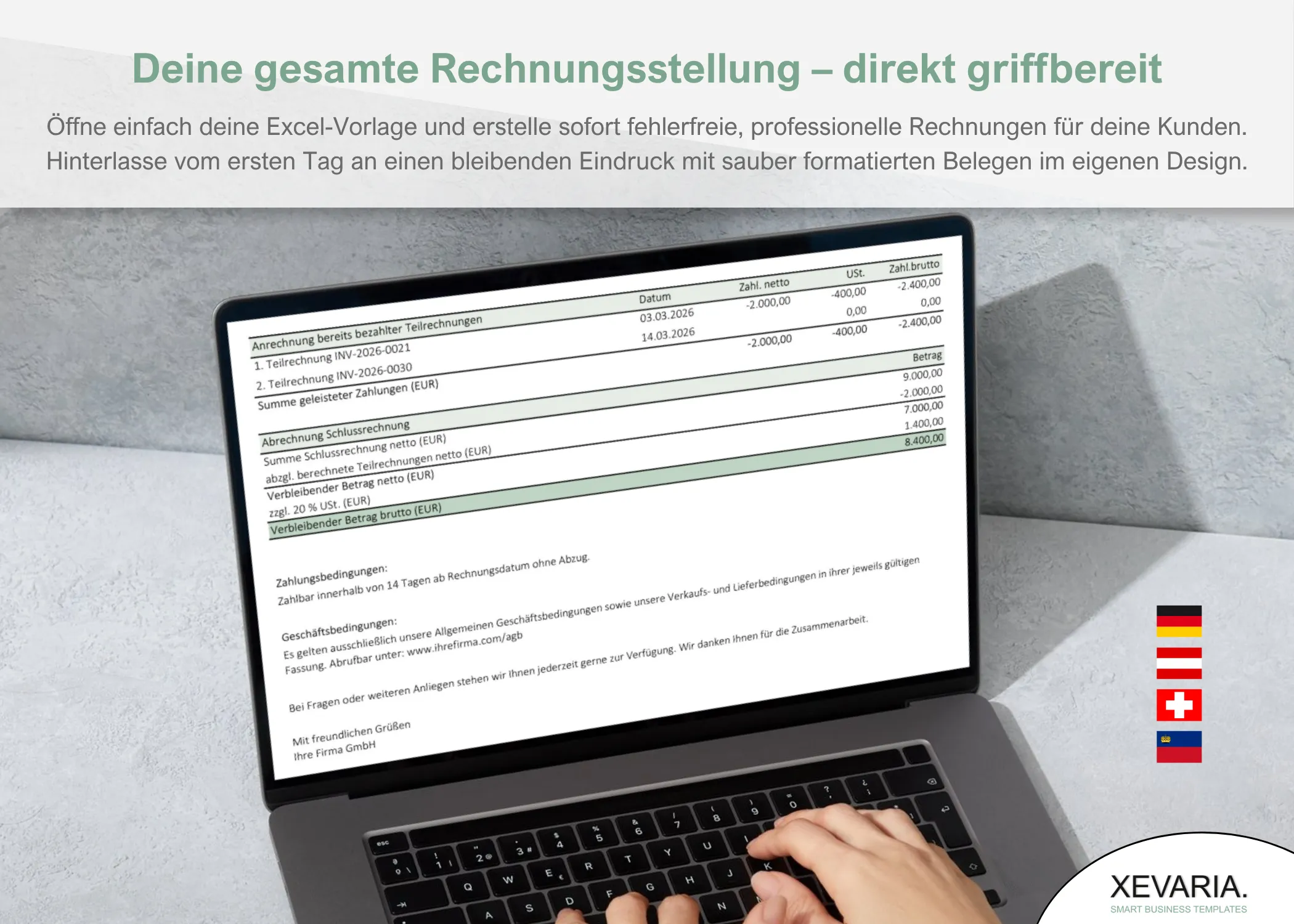 Schlussrechnung Excel – Laptop mit angerechneten Teilrechnungen und Restbetrag