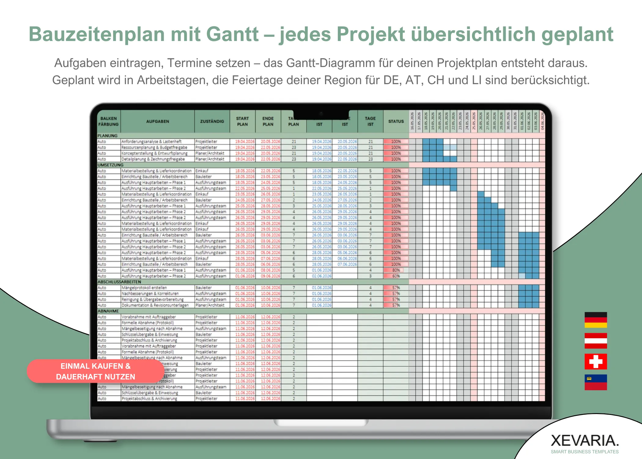 Bauzeitenplan Excel Vorlage mit Gantt-Diagramm am Laptop: Aufgaben, Plan und Ist, Status und Balken für DE, AT, CH, LI