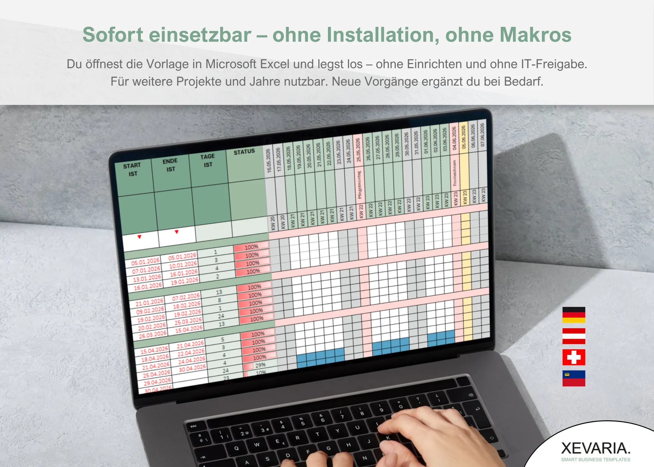 Bauzeitenplan Gantt Excel Vorlage am Laptop: sofort einsetzbar, ohne Installation und ohne Makros, mit Gantt-Balken