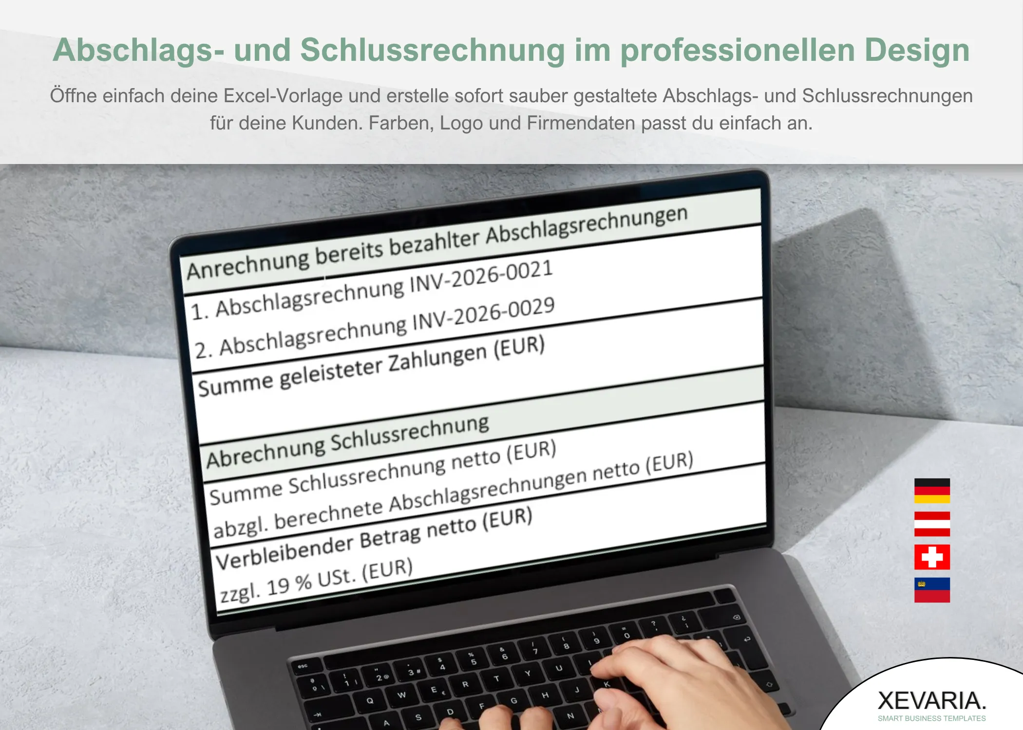 Schlussrechnung Excel Vorlage am Laptop – Anrechnung bereits bezahlter Abschlagsrechnungen, XEVARIA