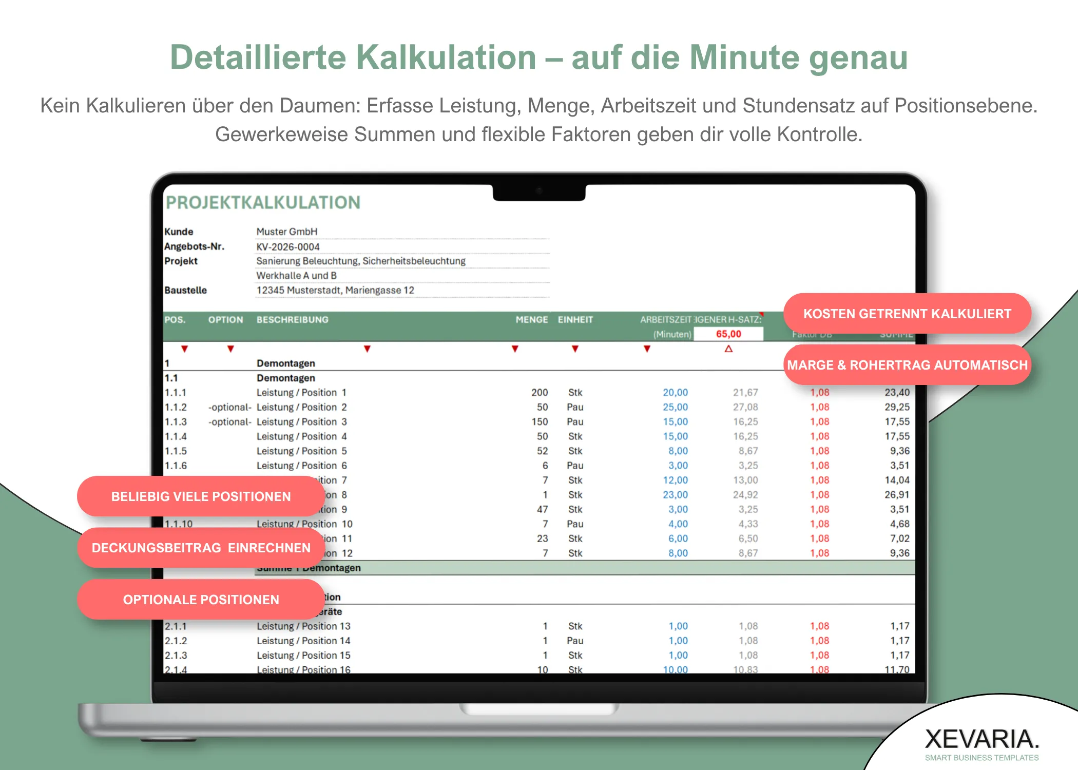 Projektkalkulation Excel: Positionen mit Menge, Arbeitszeit in Minuten, Einkaufspreisen und Summen je Gewerk