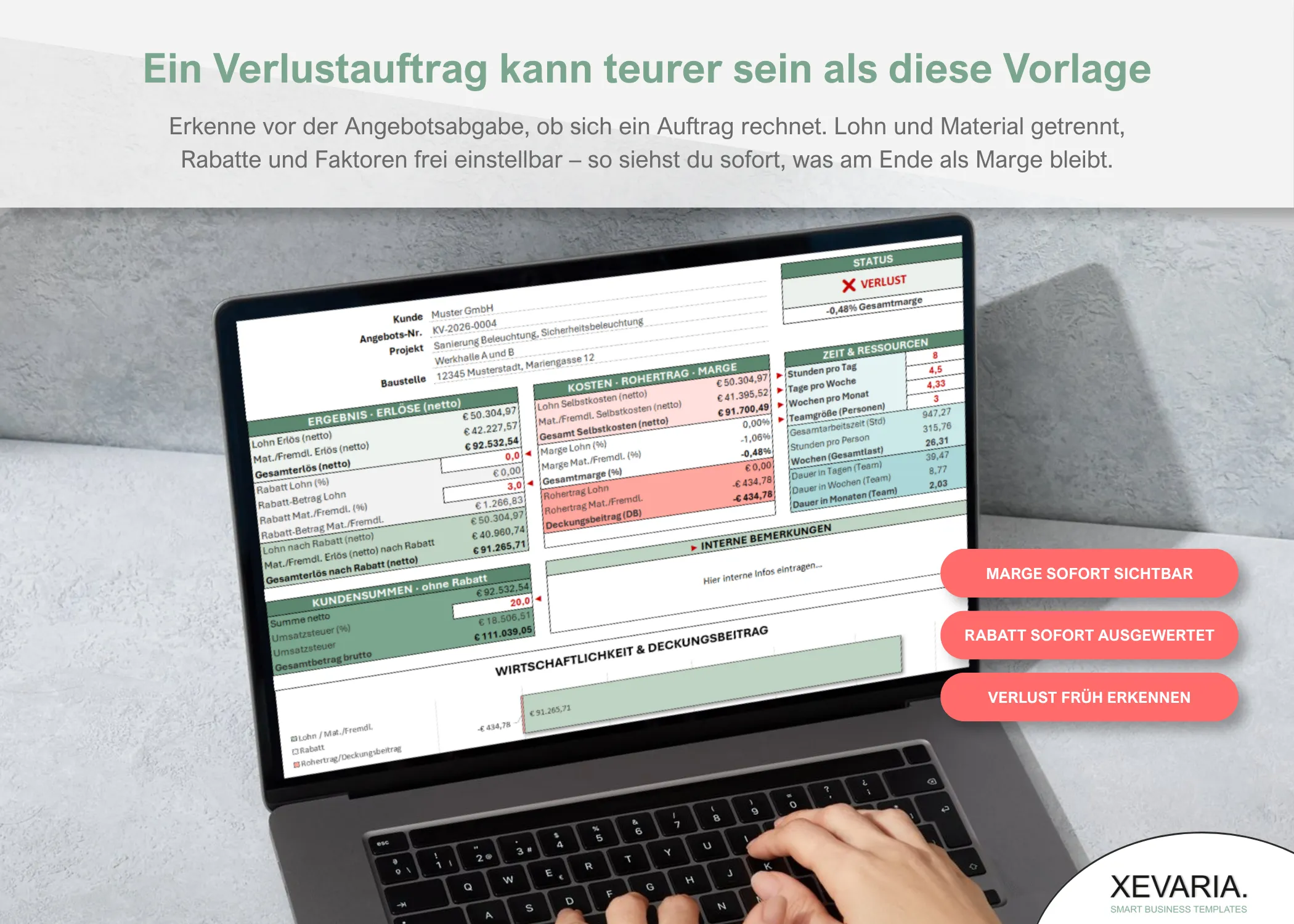 Laptop mit Projektkalkulation Excel: Dashboard mit Status Verlust und Diagramm zu Wirtschaftlichkeit