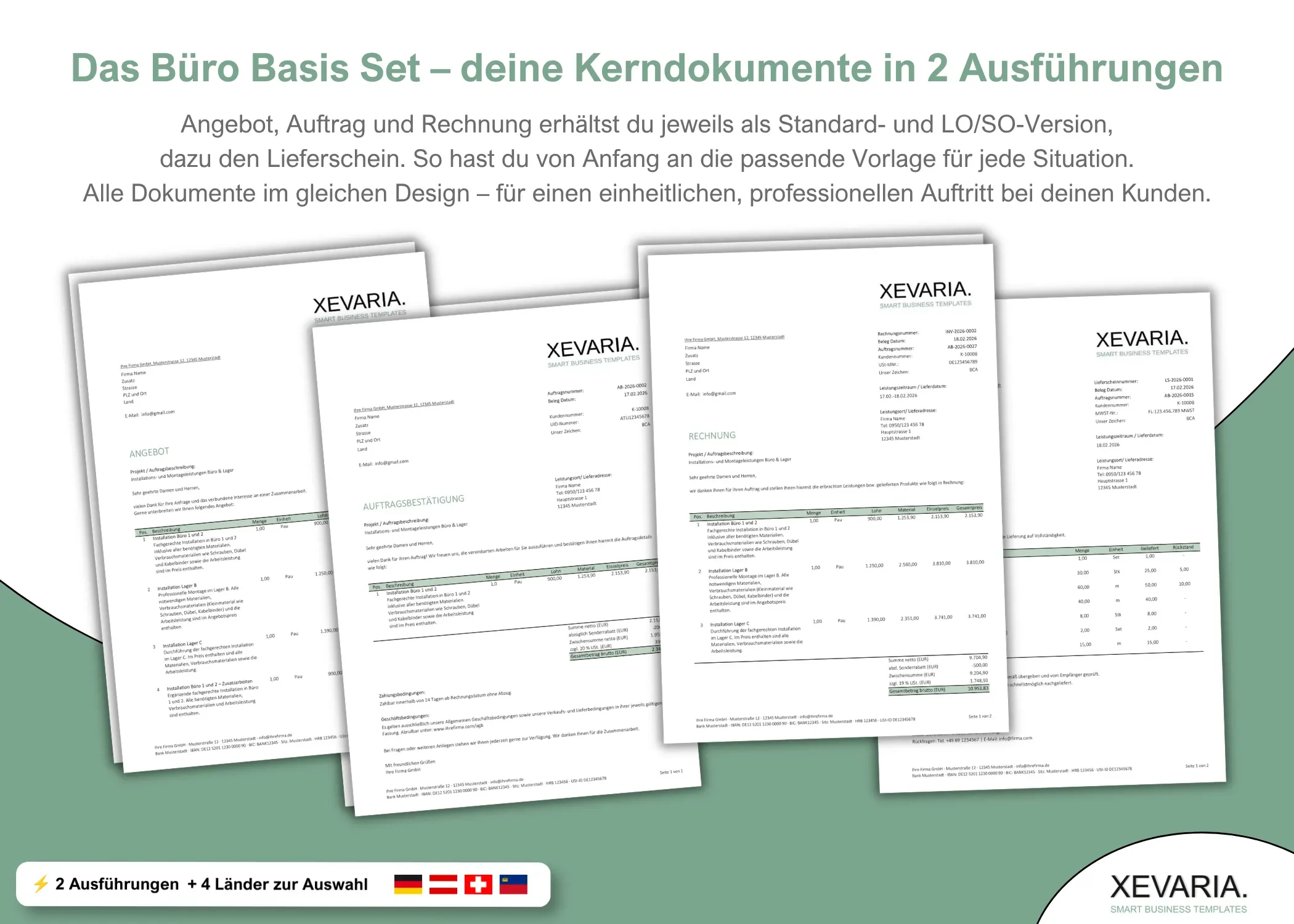 Büro Basis Set – Angebot, Auftragsbestätigung, Rechnung und Lieferschein
