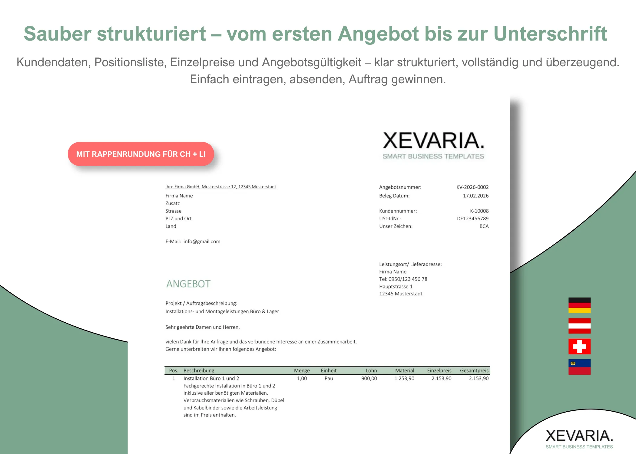Angebotsvorlage Excel &ndash; Dokument mit Angebotsnummer, Kundendaten und Positionsliste