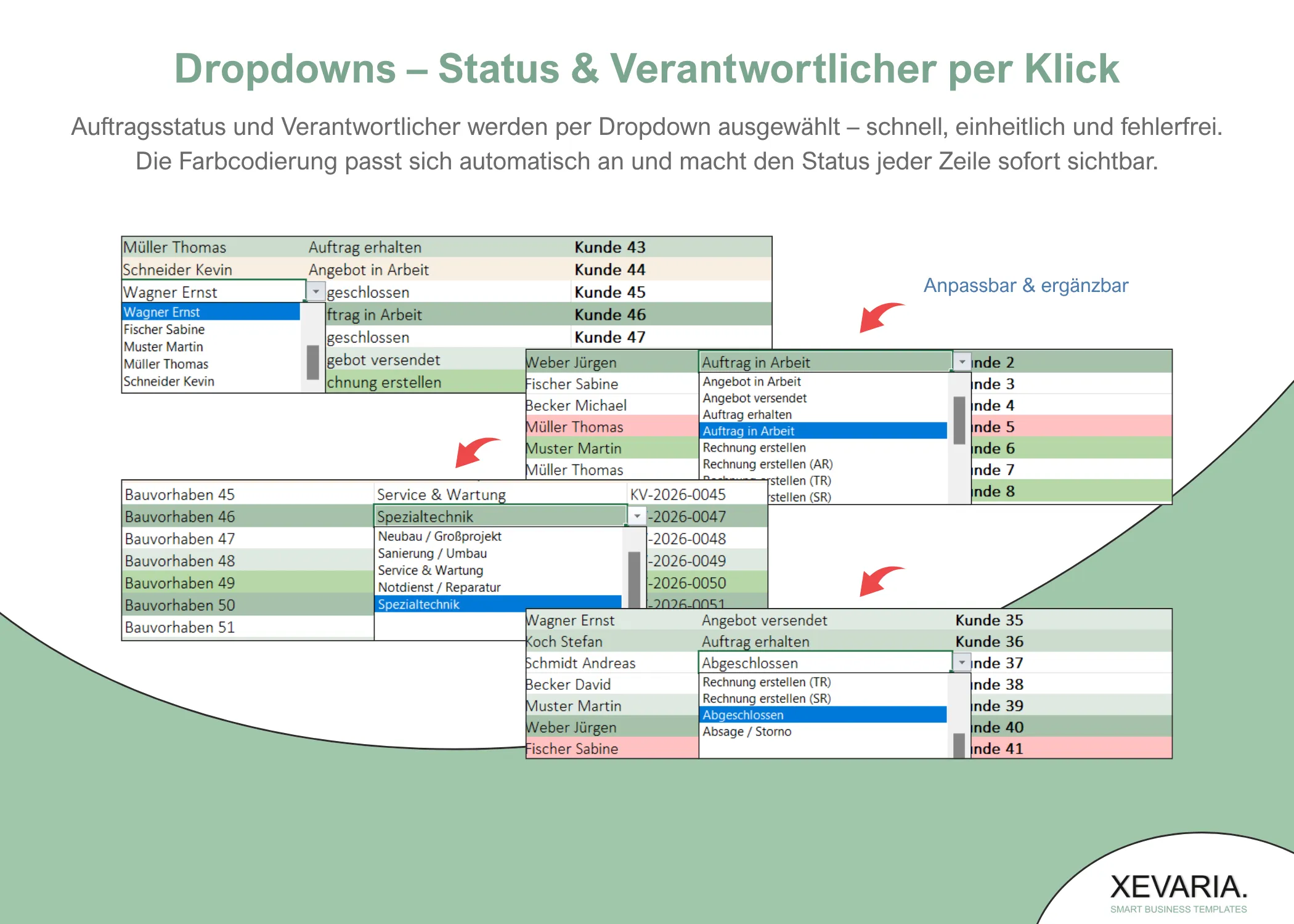 Auftragsverwaltung Excel – Dropdown-Felder für Status und Verantwortlichen mit Farbcodierung