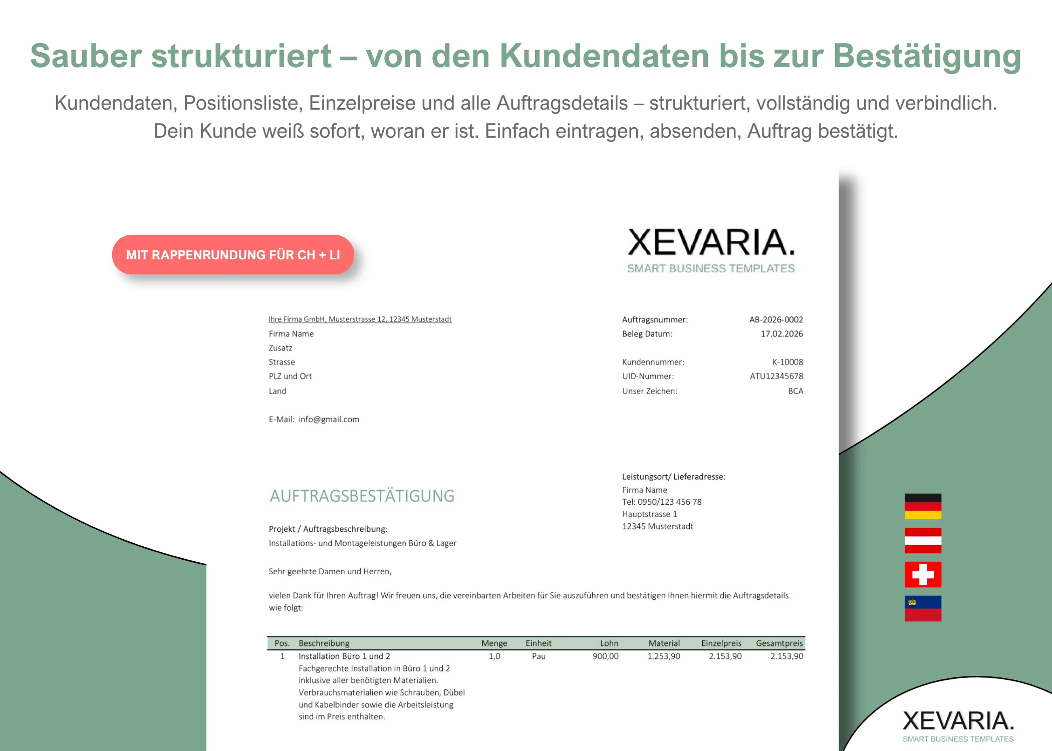 Auftragsbestätigung Excel Vorlage &ndash; Dokument mit Kundendaten und Positionsliste