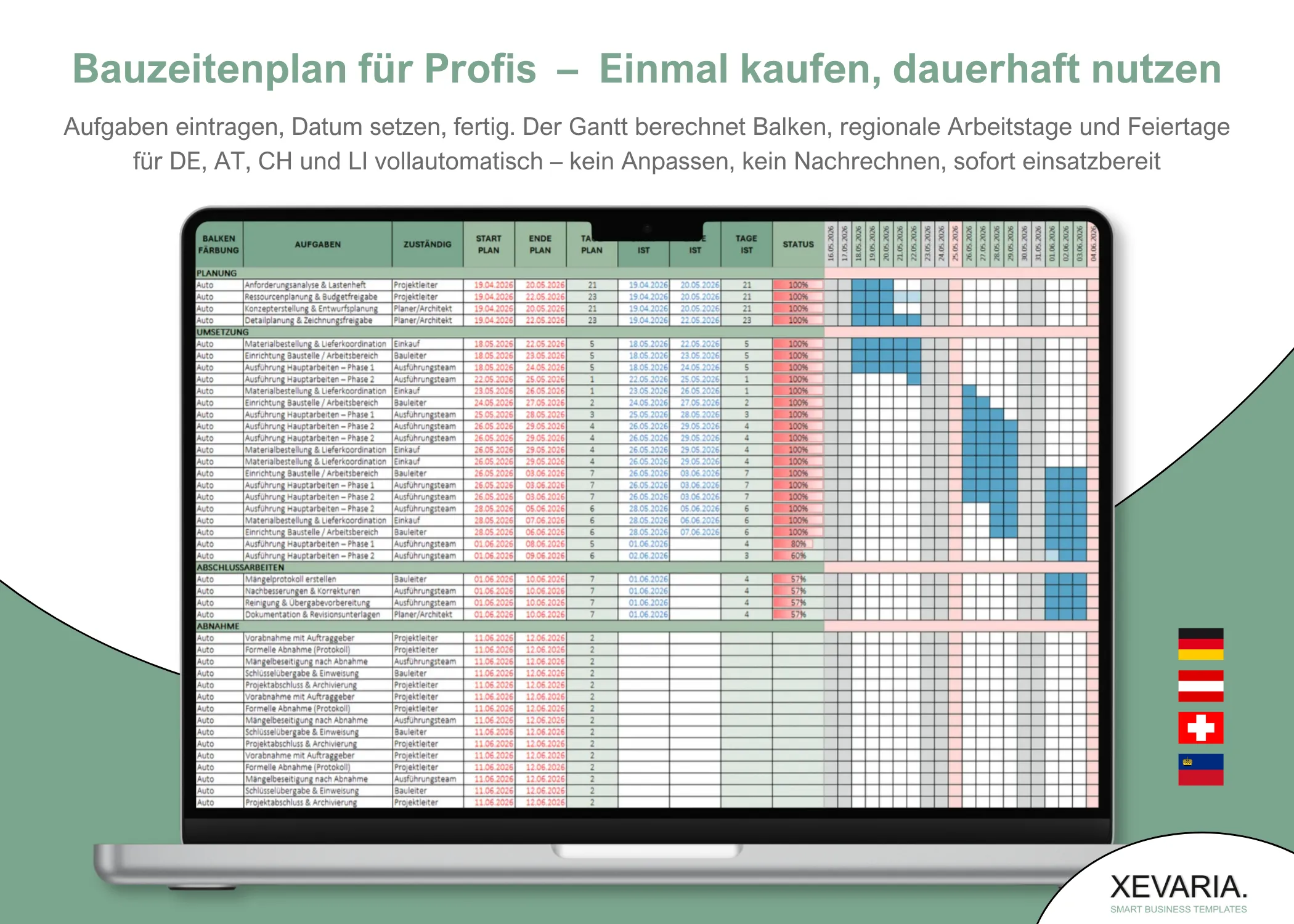Bauzeitenplan als Gantt-Diagramm in Excel für Bauunternehmen