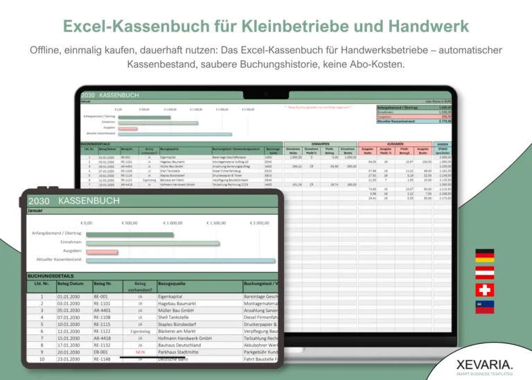 Excel Kassenbuch Vorlage mit Finanz Dashboard für Selbstständige und Unternehmen