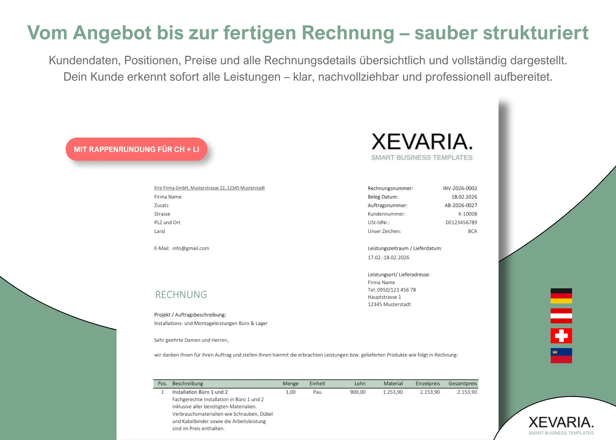 Rechnungsvorlage Excel &ndash; Dokument mit Rechnungsnummer, Kundendaten und Positionsliste