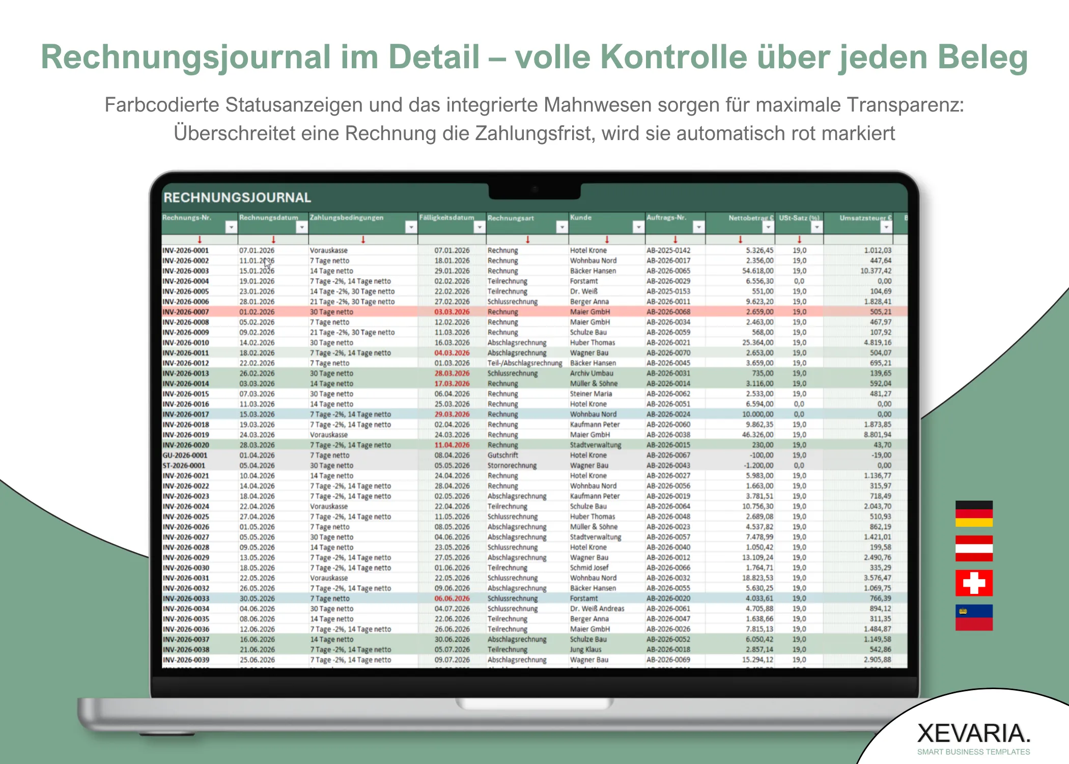 Rechnungsjournal Vorlage Excel – überfällige Rechnungen rot markiert mit Fälligkeitsdatum