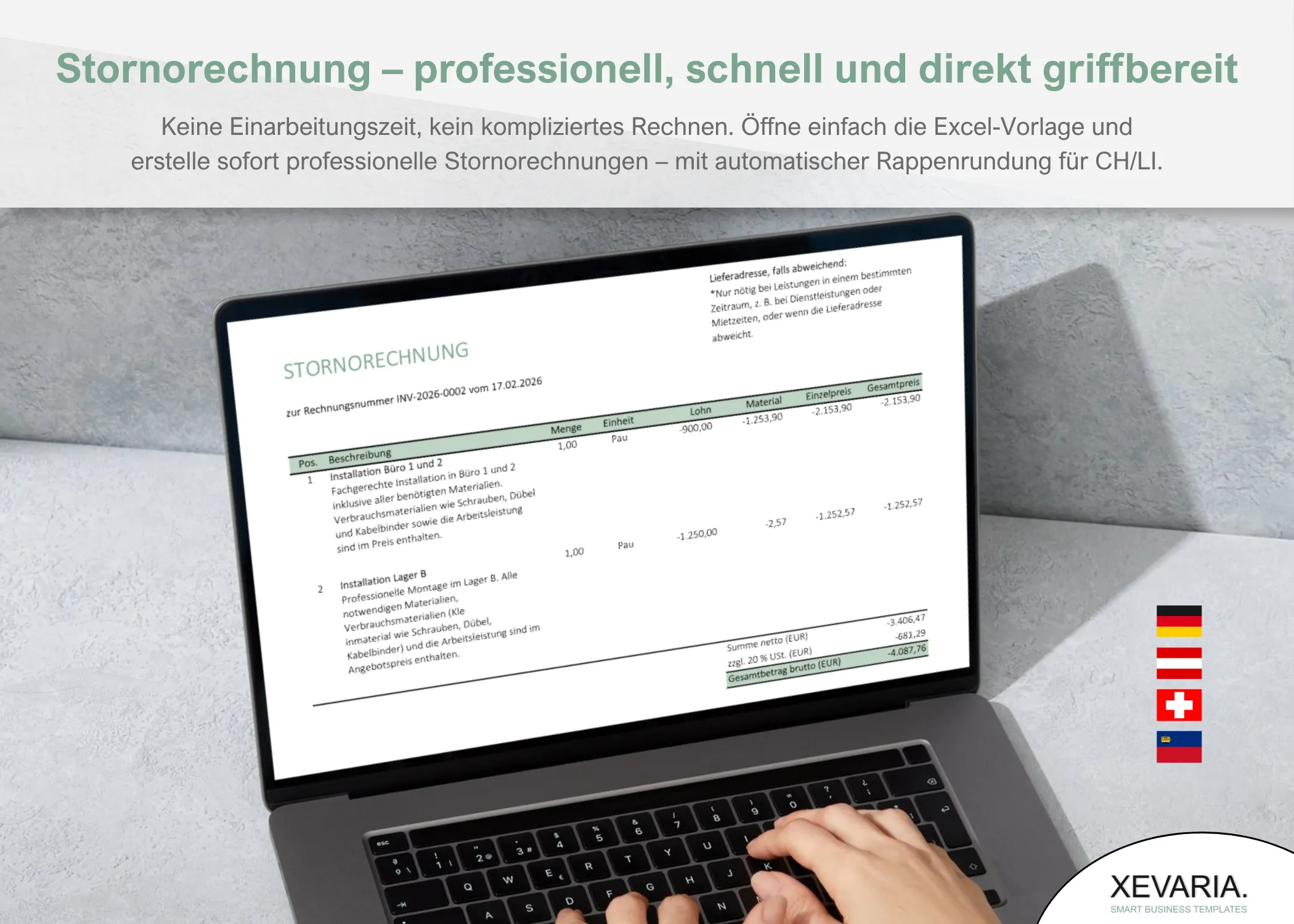 Stornorechnung Excel Österreich – Laptop mit AT-Version und negativem Gesamtbetrag