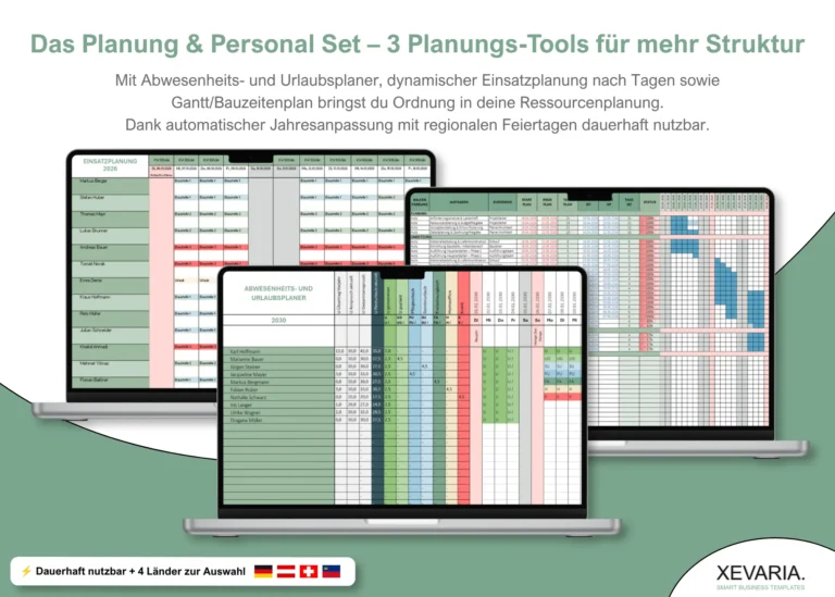 Excel Vorlagen Set mit Urlaubsplaner, Einsatzplanung und Bauzeitenplan als Gantt – Planung & Personal Set