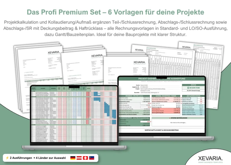 Excel Vorlagen Set: 6 Vorlagentypen, 22 Vorlagen für Projektkalkulation, Aufmaß, Abschlagsrechnung – Profi Premium Set
