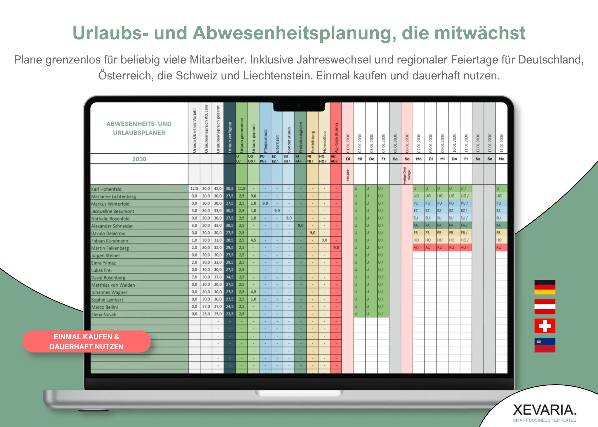 Abwesenheits- & Urlaubsplaner Excel Vorlage