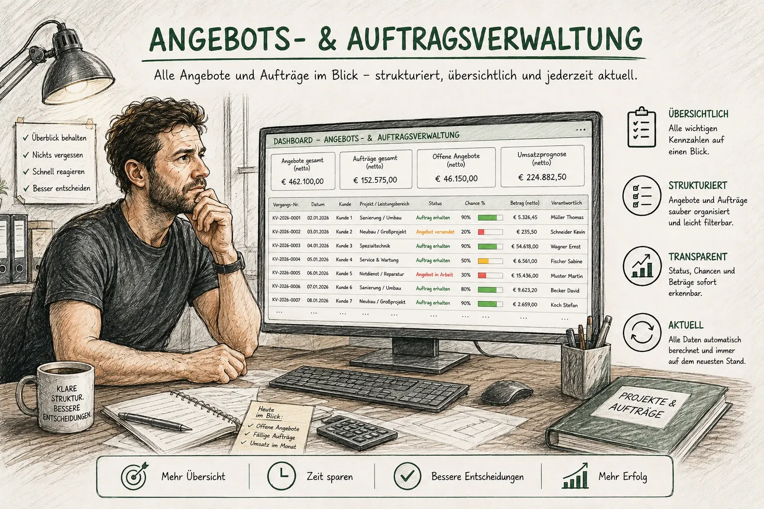 Angebots- und Auftragsverwaltung in Excel mit Dashboard für Übersicht, Status und Auftragswerte