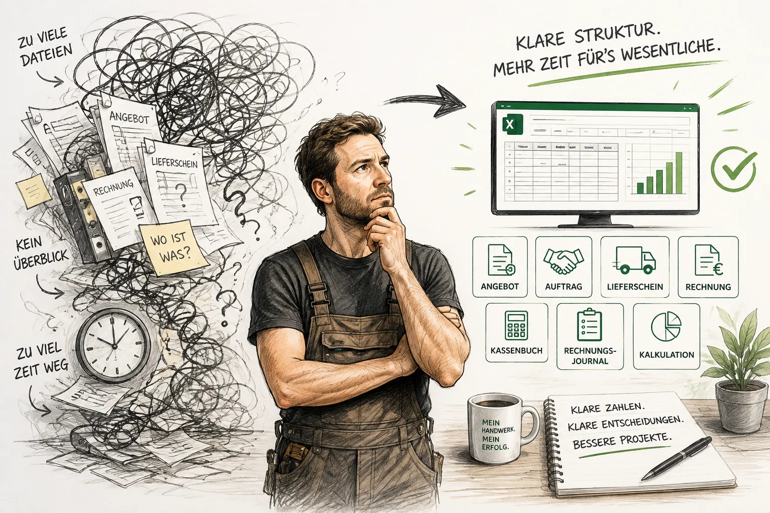 Illustration: Handwerker vor Aktenchaos aus Angebot, Lieferschein und Rechnung wechselt zu einem übersichtlichen Excel-Dashboard mit Angebot, Auftrag, Lieferschein, Rechnung und Kalkulation