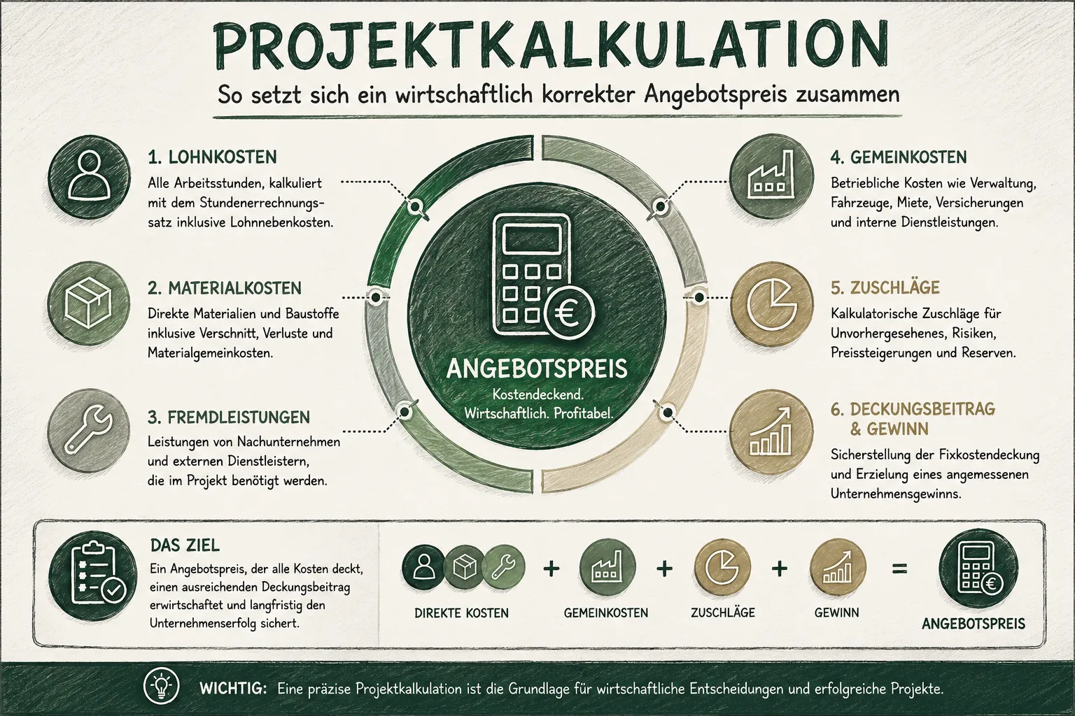 Infografik Projektkalkulation: 6 Kostenbestandteile eines Angebotspreises – Lohnkosten, Materialkosten, Fremdleistungen, Gemeinkosten, Zuschläge und Gewinn - XEVARIA