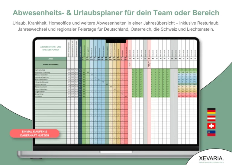 Abwesenheitsplaner und Urlaubsplaner Excel am Laptop: Jahresübersicht mit Team, Urlaub, Krankheit und Feiertagen