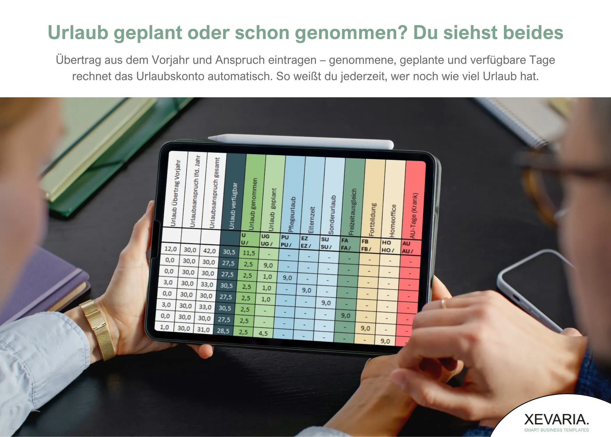 Abwesenheits- und Urlaubsplaner Excel auf dem Tablet: Resturlaub pro Mitarbeiter automatisch berechnet