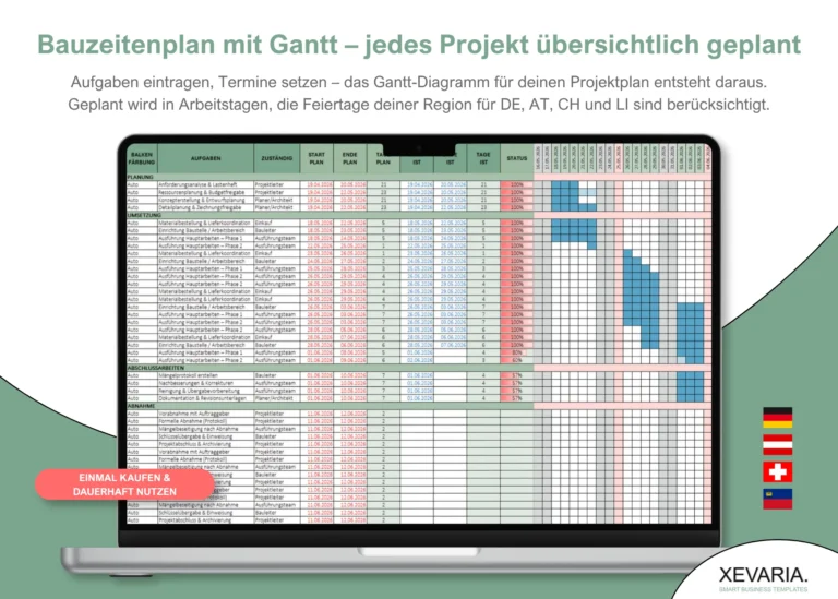 Bauzeitenplan Excel Vorlage mit Gantt-Diagramm am Laptop: Aufgaben, Plan und Ist, Status und Balken für DE, AT, CH, LI