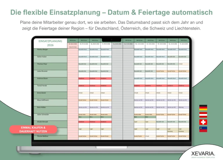 Mitarbeiter Einsatzplanung Excel Vorlage am Laptop: Einsatzplan mit Kalenderwochen, Feiertagen und Mitarbeitern pro Tag