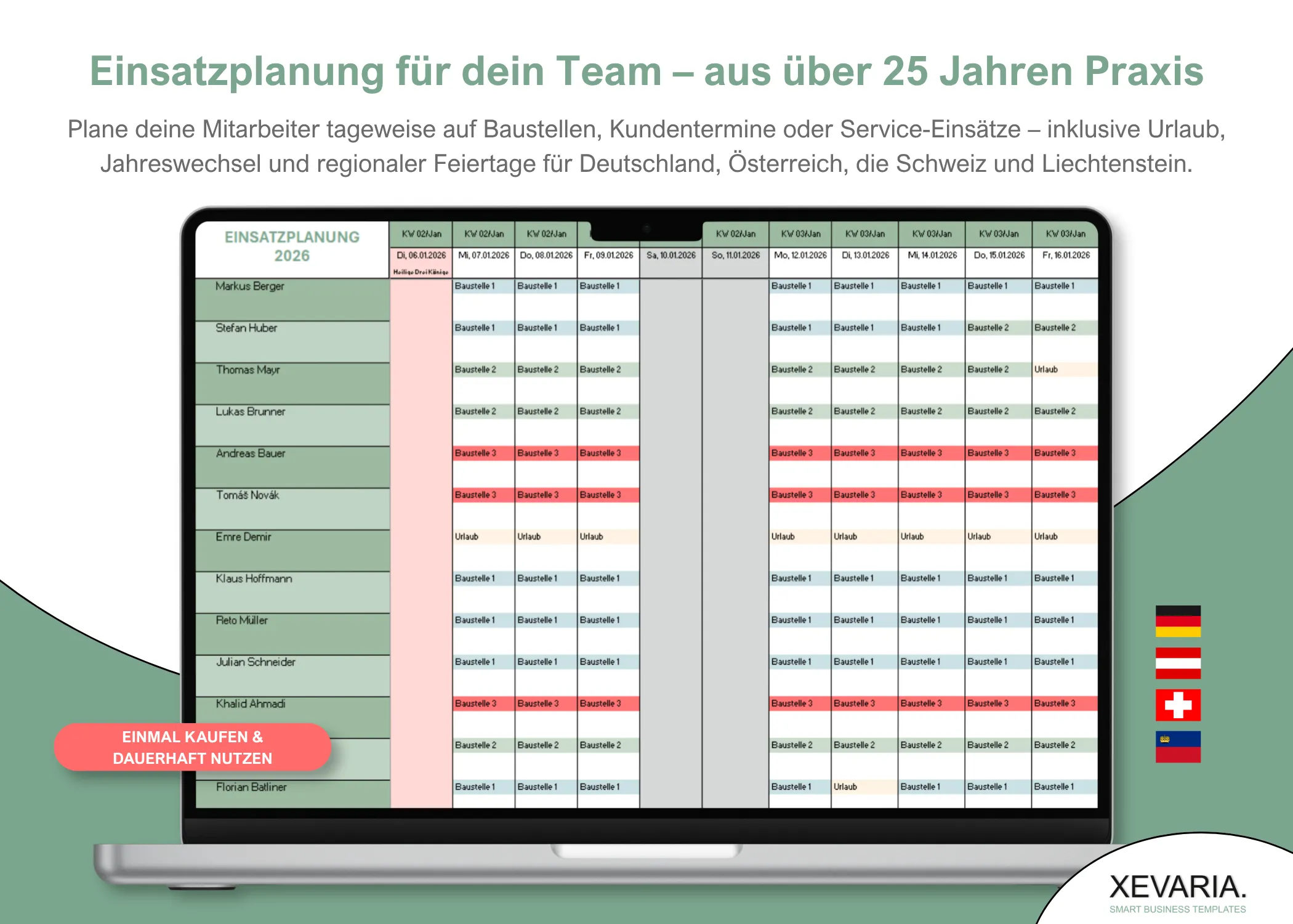 Einsatzplanung Excel Vorlage am Laptop: Mitarbeiter, Baustellen und Urlaub im Kalender für DE, AT, CH und LI