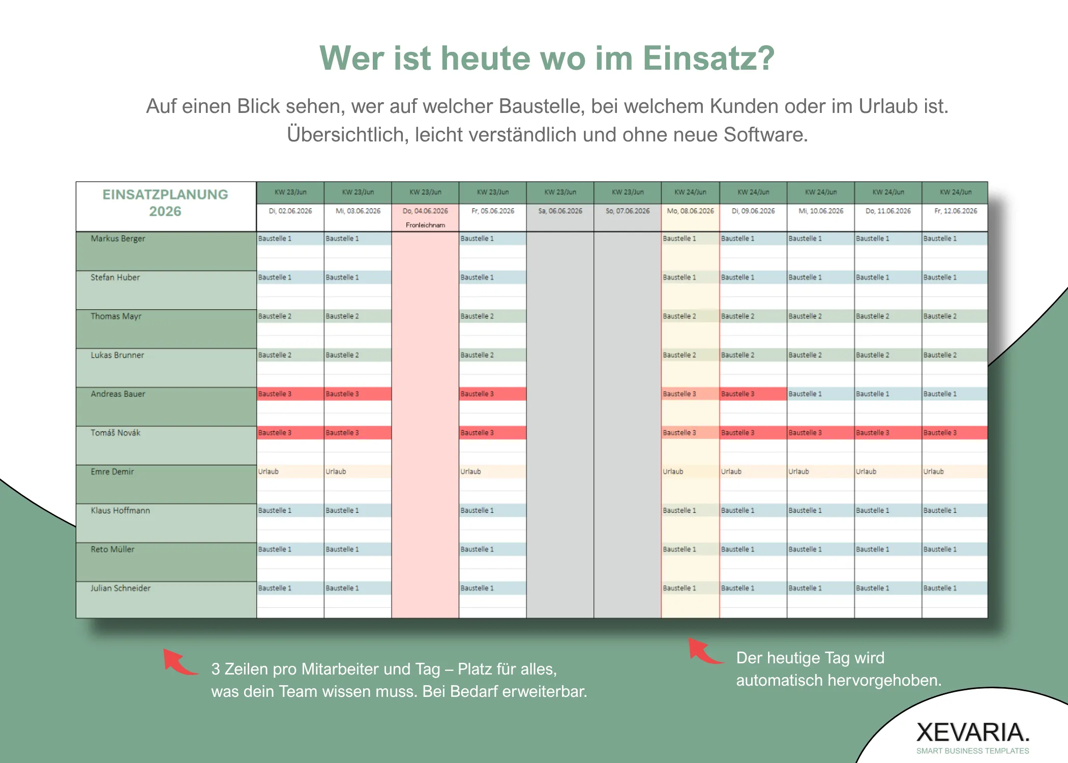 Einsatzplaner in Excel: Die Einsatzplanung Vorlage zeigt, wer heute auf welcher Baustelle oder im Urlaub ist