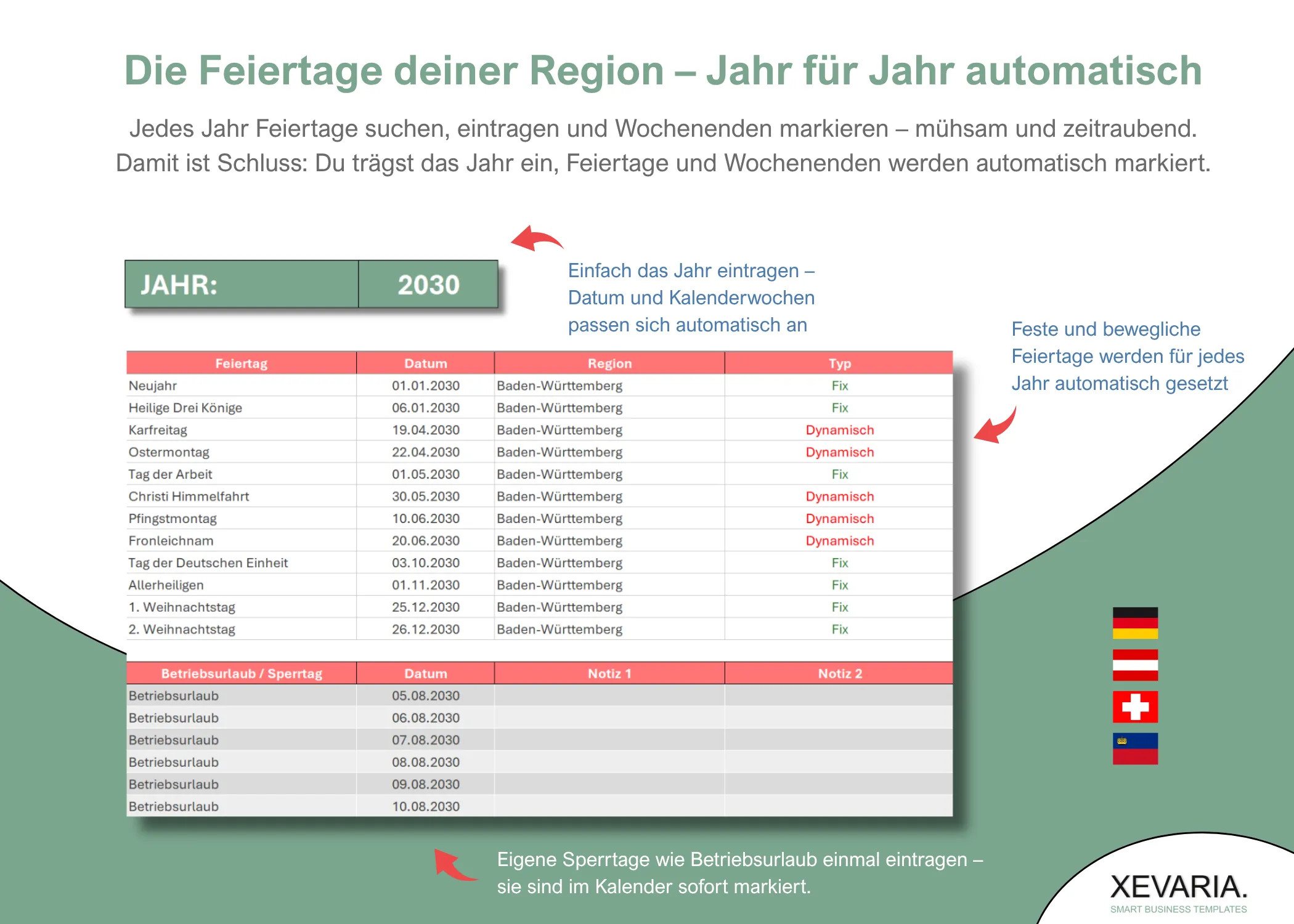 Einsatzplanung Excel Vorlage: Mitarbeiterplanung mit Feiertagen nach Bundesland und eigenen Sperrtagen