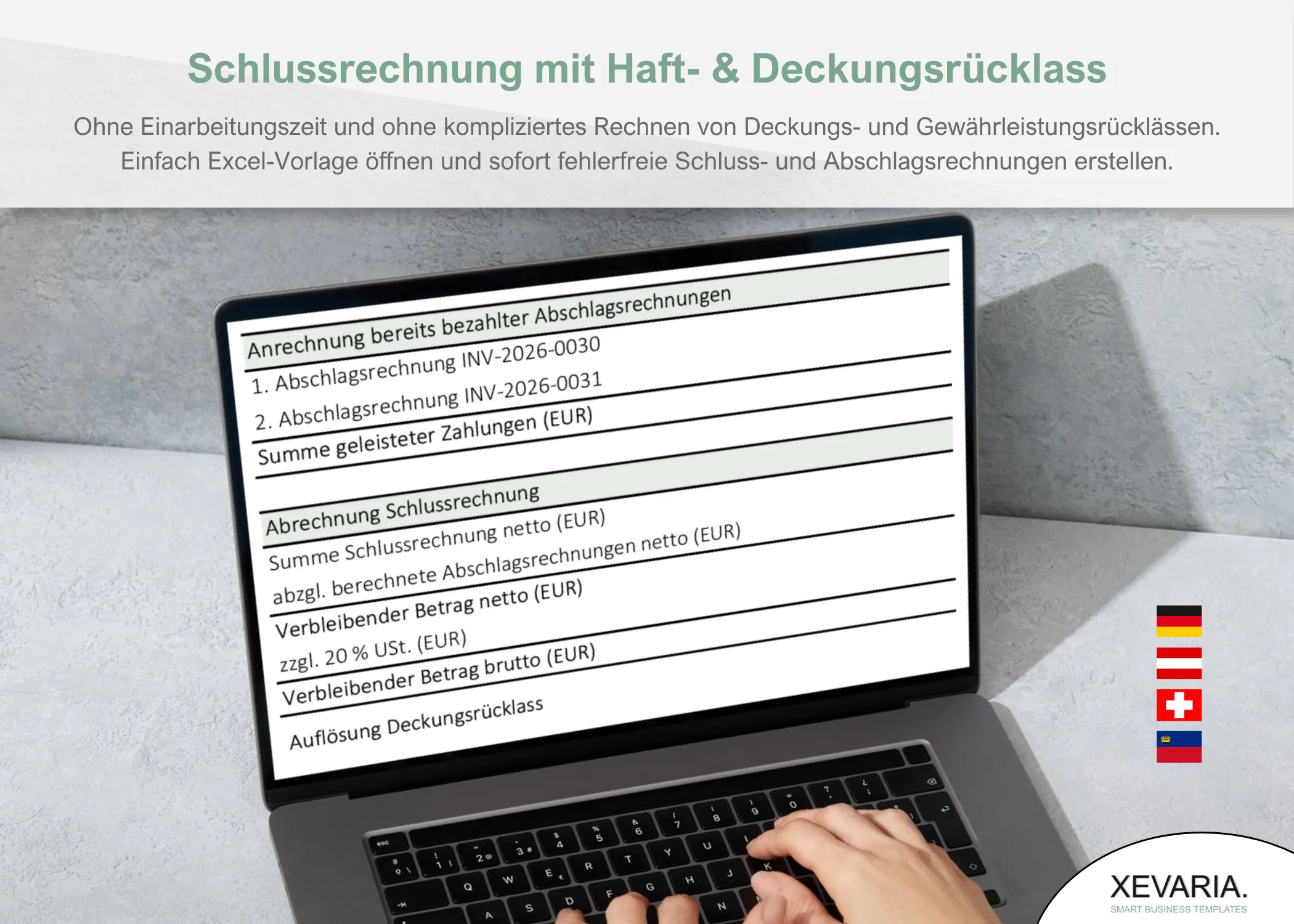 Schlussrechnung Excel am Laptop – Abschlagsrechnung und Schlussrechnung mit Haftrücklass und Gewährleistungsrücklass