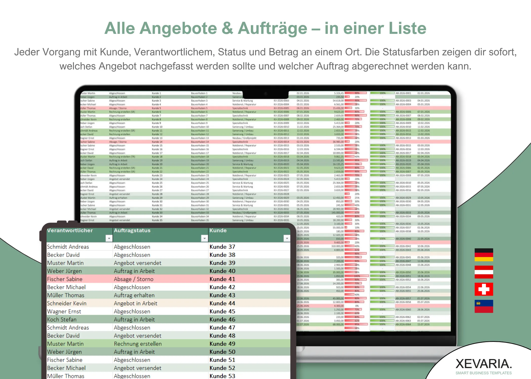 Angebots- und Auftragsliste Excel Vorlage: alle Vorgänge in einer Liste mit Kunde, Status und Betrag, Zeilen nach Status farbig markiert, mit Filtern